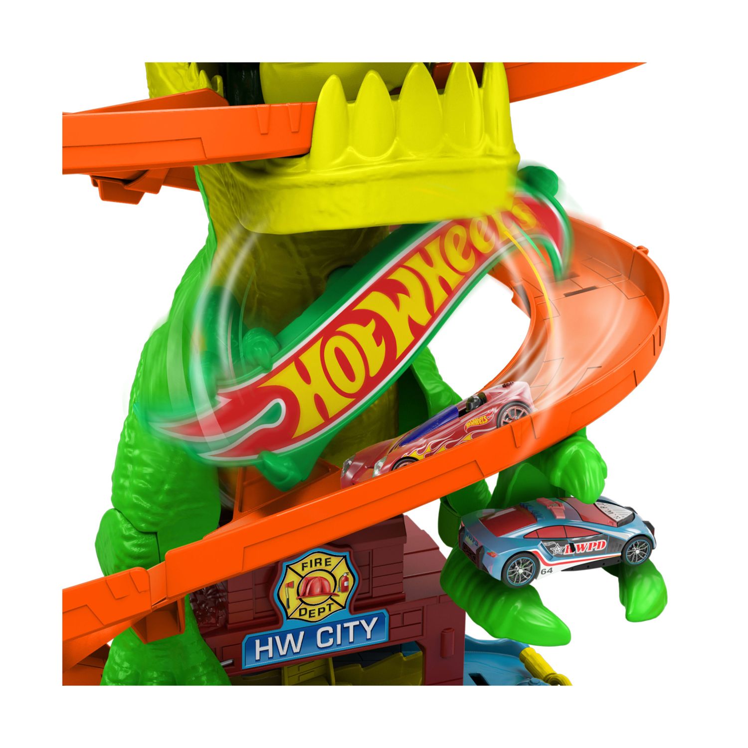 Hot wheels city - t-rex battaglia infuocata, pista stazione dei pompieri con dinosauro occhi rotanti e camion - Hot Wheels