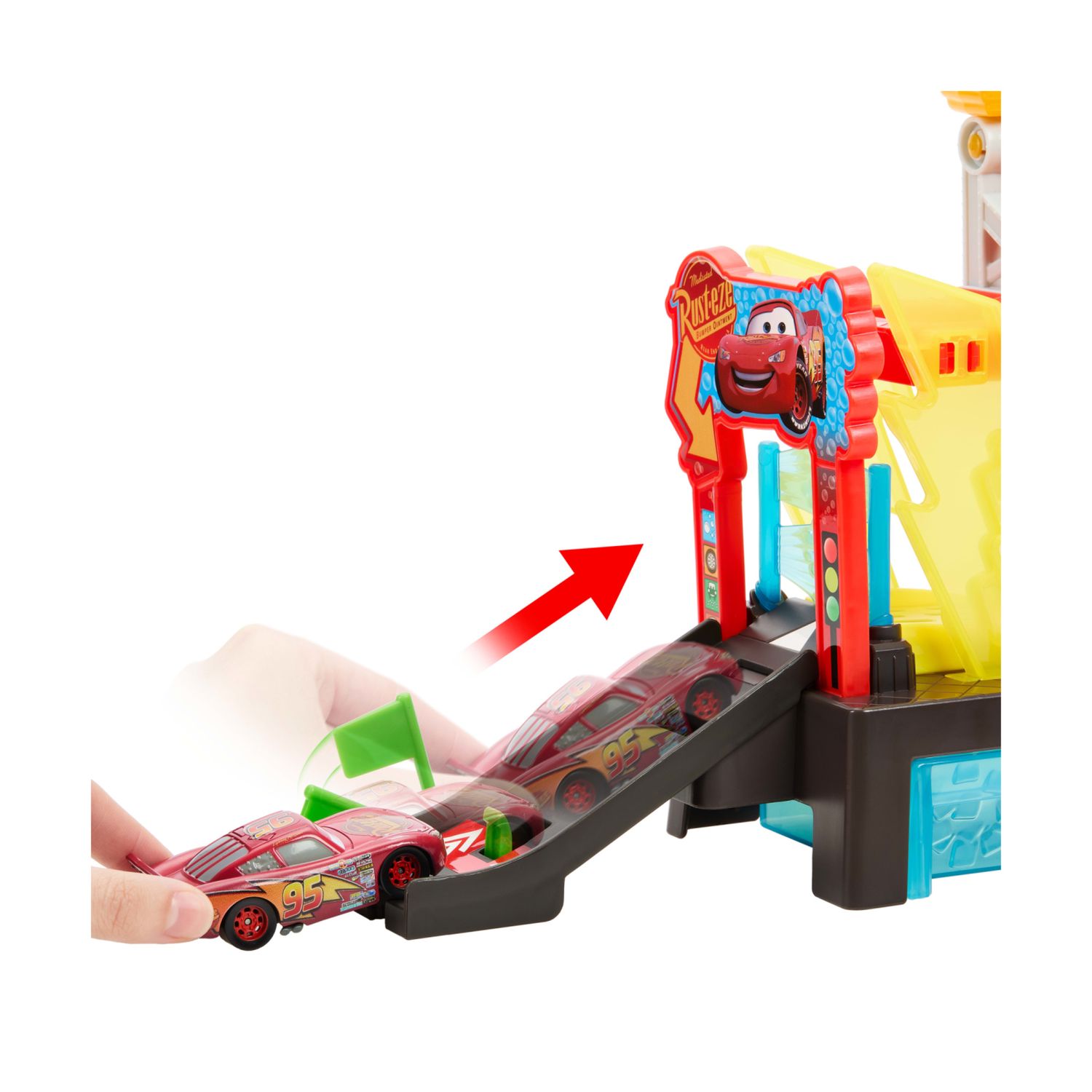 Mattel cars - autolavaggio corsa cambia colore, playset disney pixar con rampa e vasca - Cars