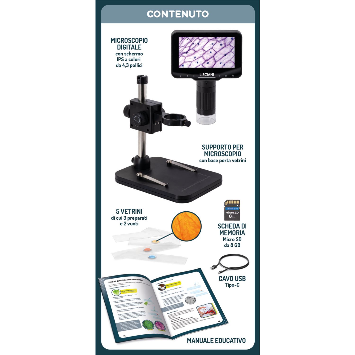 Microscopio Elettronico Per Bambini - Schermo IPS HD 2.0 Pollici, Zoom 4x, 8 Luci LED - Kit Esplorazione Scientifica Portatile C01