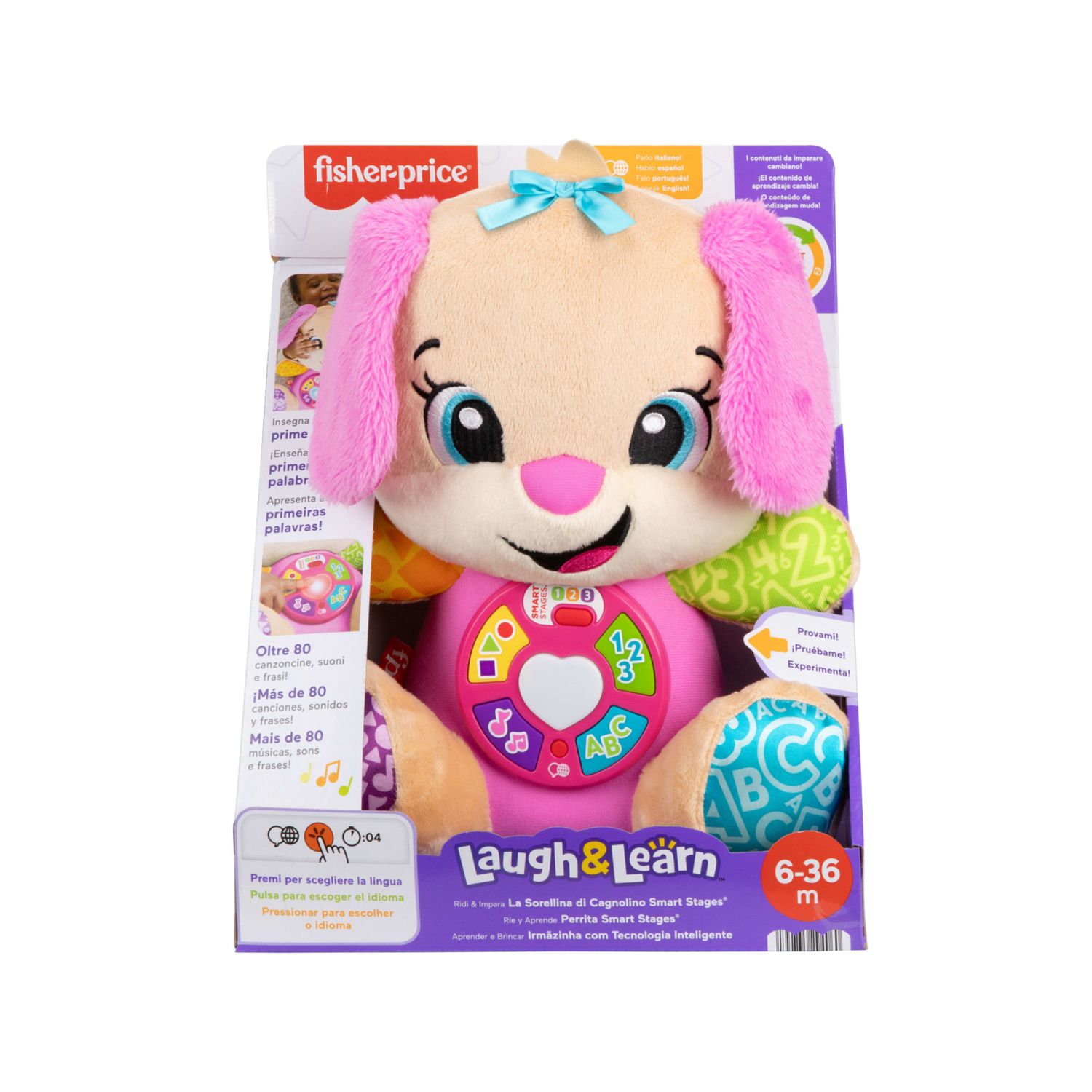 Fisher-price - la sorella di cagnolino smart stages, peluche rosa musicale per l'apprendimento con luci, suoni e frasi - FISHER-PRICE