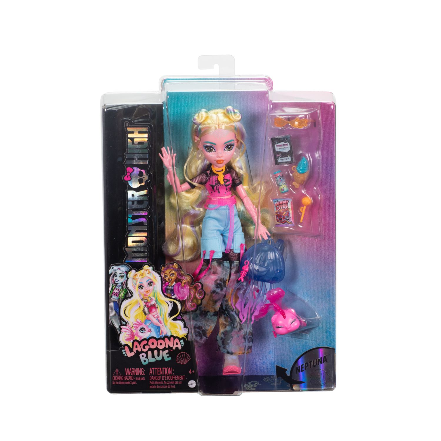 Monster high - lagoona blue, bambola con t-shirt in mesh e pantaloni cargo, pesciolina neptuna e accessori inclusi - Monster High
