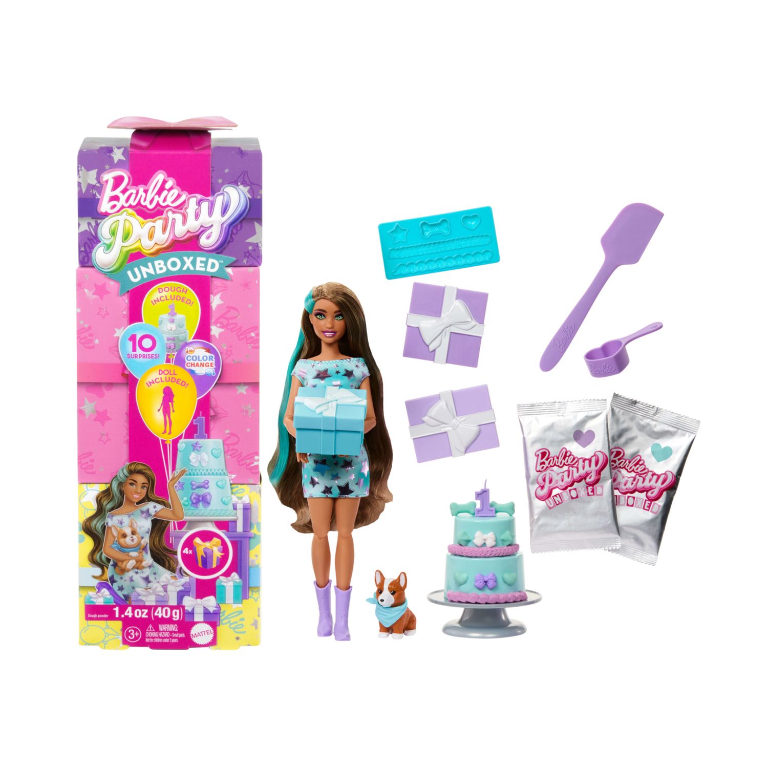 Barbie party unboxed - party stars serie compleanno del cucciolo, bambola con 10 accessori a sopresa - Barbie