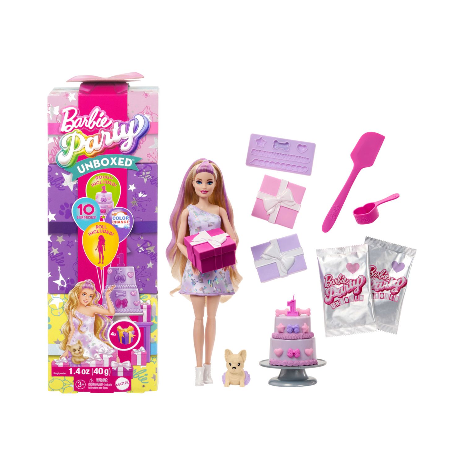 Barbie party unboxed - birthday bows serie compleanno del cucciolo, bambola con 10 accessori a sopresa ed effetto cambia colore - Barbie