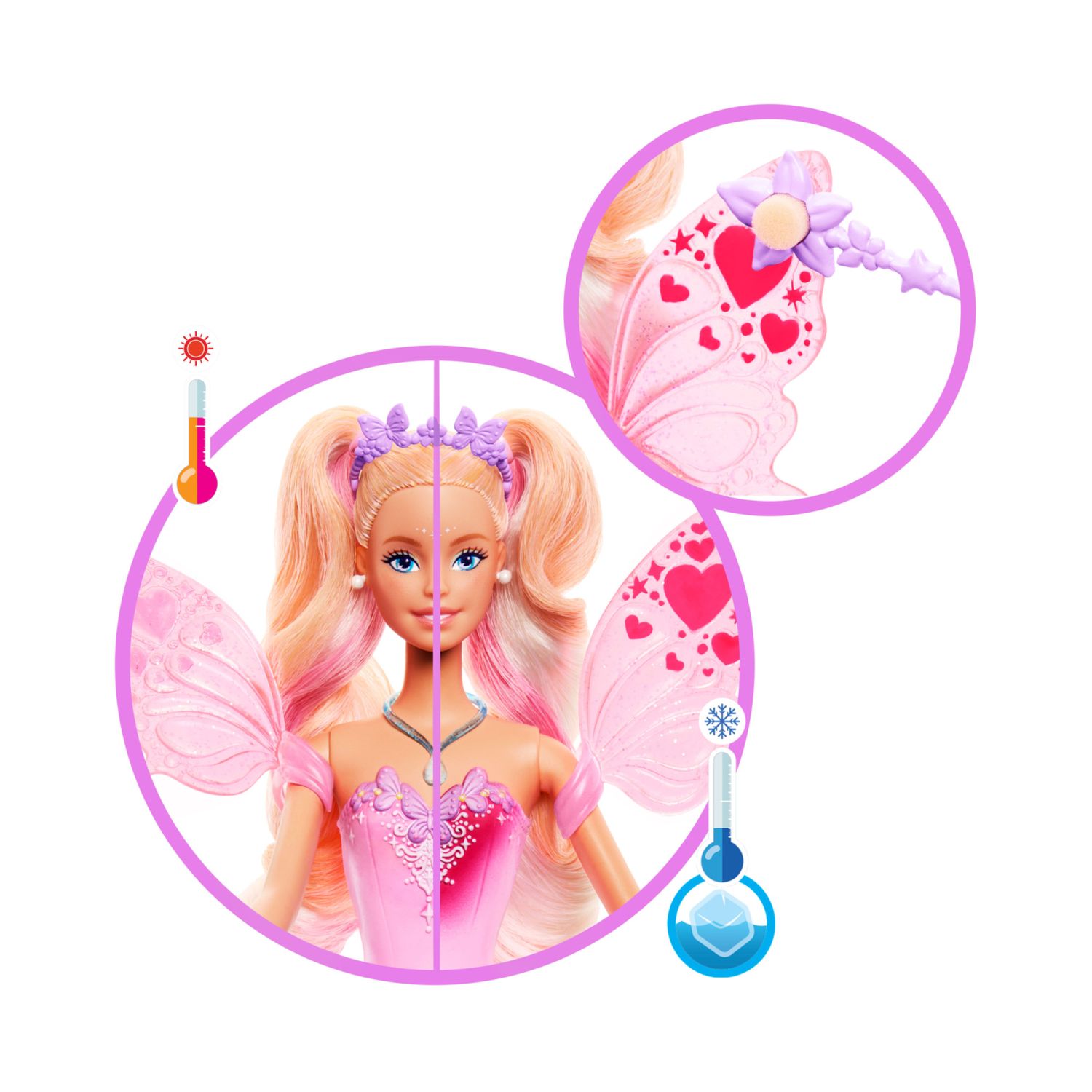Barbie - fata con bacchetta stellata, bambola a tema fantasy con capelli bondi, ali e outfit cambia colore - Barbie
