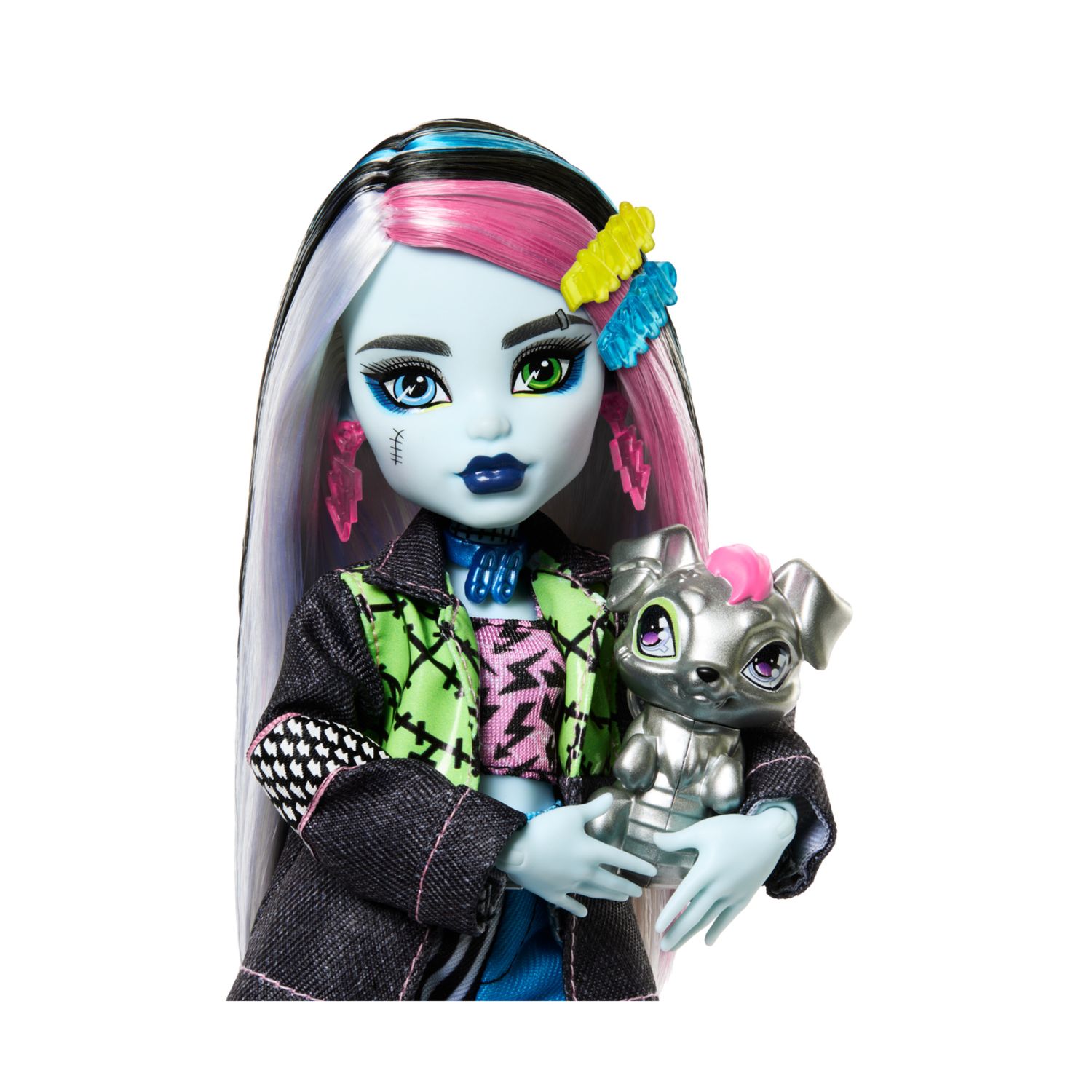 Monster high - frankie stein, bambola con giacca e shorts in denim, cagnolina watzie e accessori - Monster High