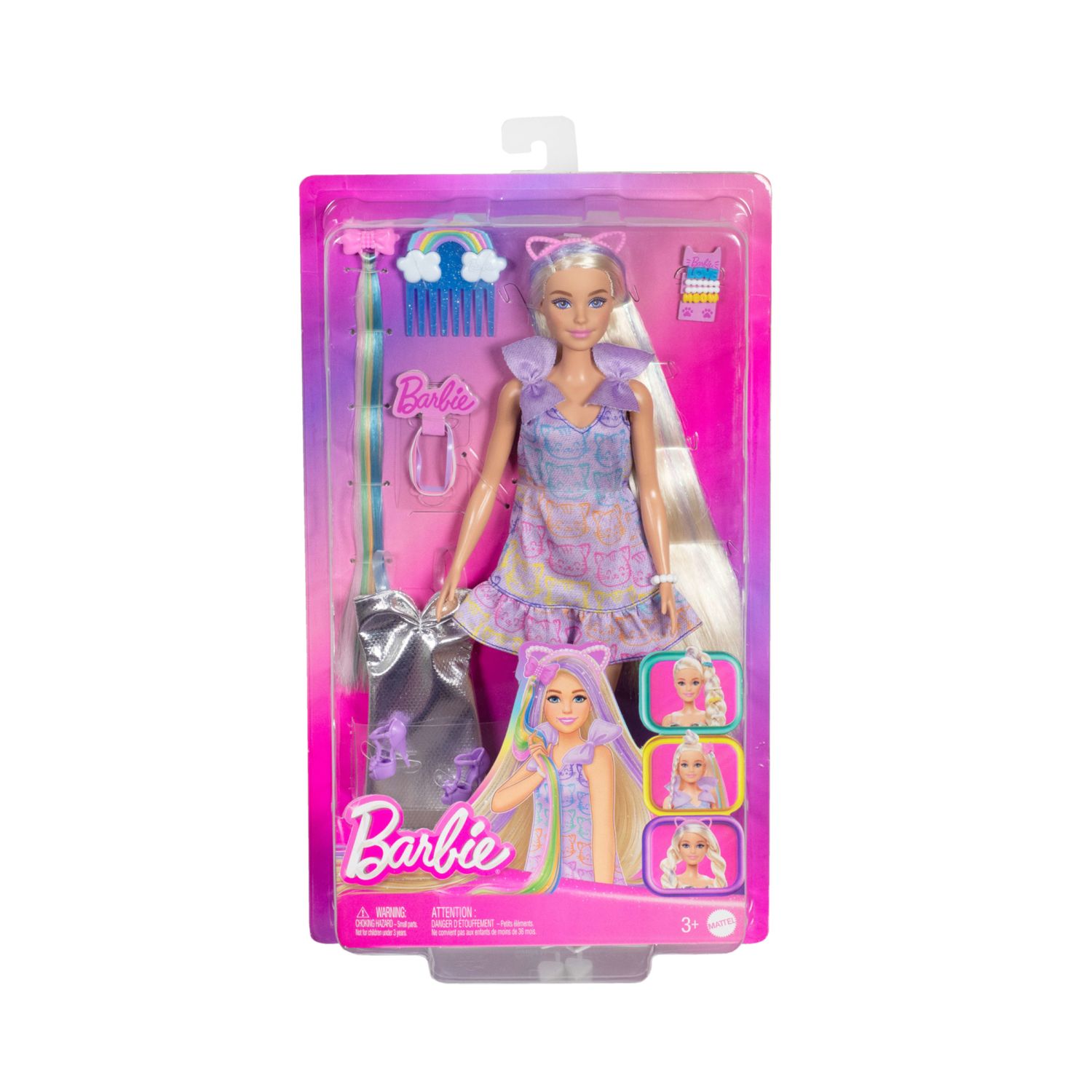 Barbie - bambola fun & fancy, con lunghissimi capelli biondi ed extension, abito metalizzato color argento - Barbie