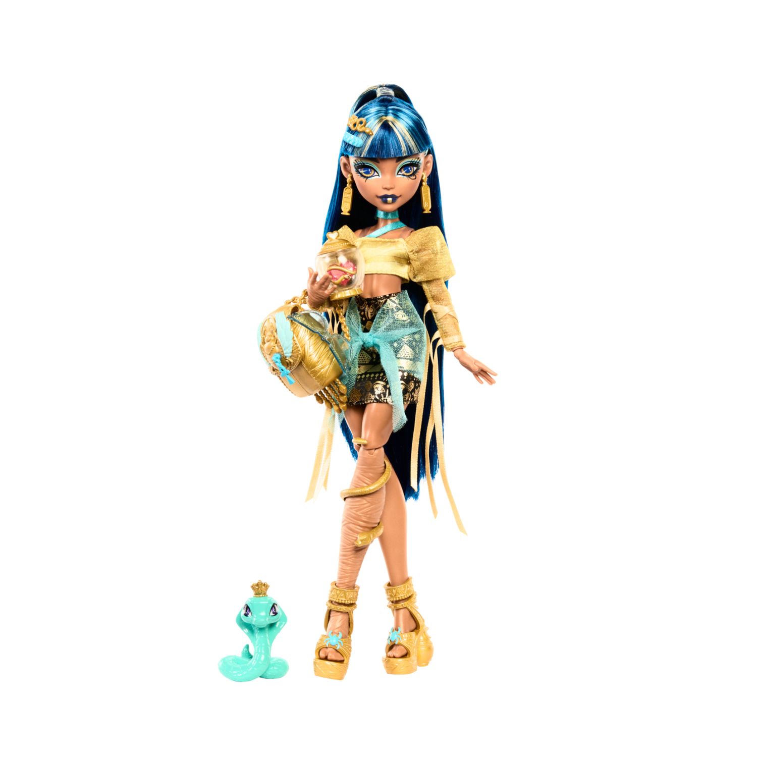 Monster high - cleo de nile, bambola con camicetta dorata e gonna a strati, cucciolo di cobra hissette e accessori - Monster High