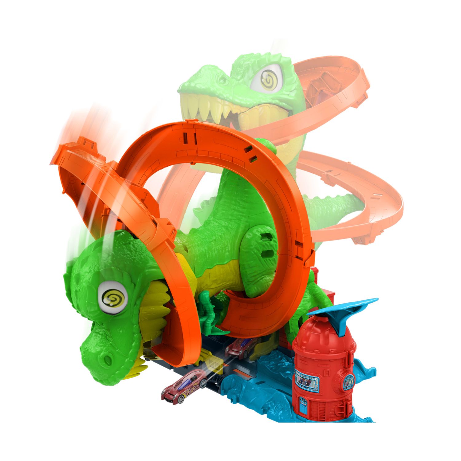 Hot wheels city - t-rex battaglia infuocata, pista stazione dei pompieri con dinosauro occhi rotanti e camion - Hot Wheels