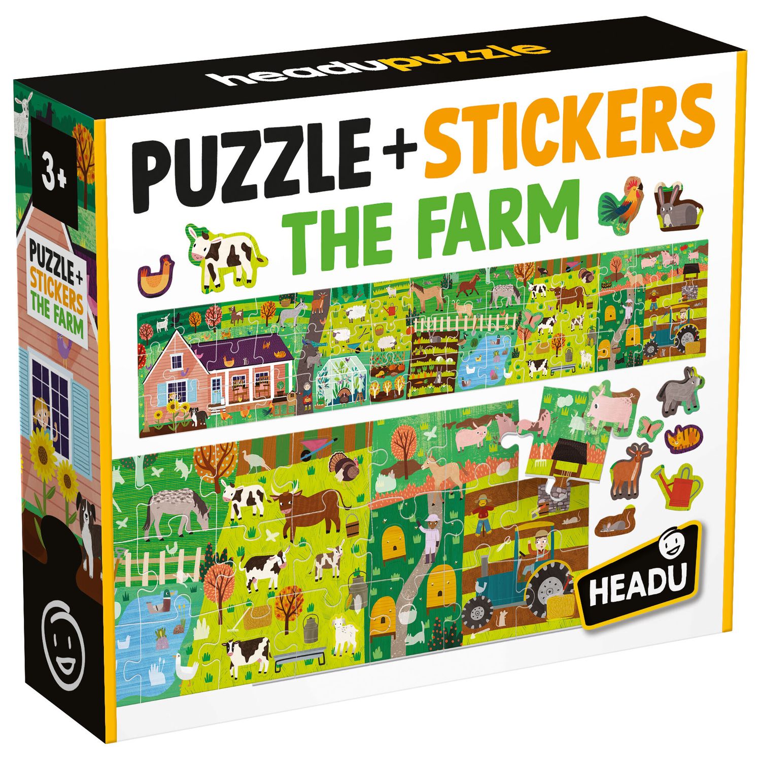 Puzzle + stickers the farm - un puzzle lungo da completare con gli stickers! memoria, forme e colori - HEADU
