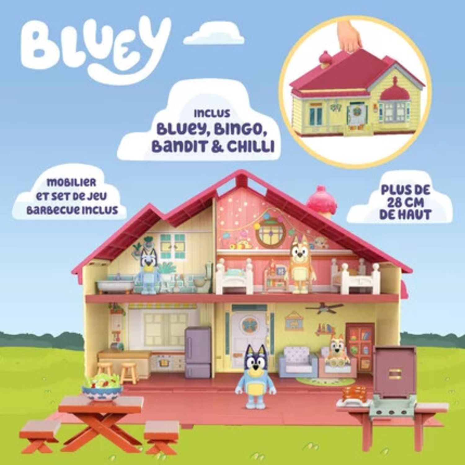 Bluey casa giocattolo con famiglia completa e accessori picnic - include 4 personaggi - BLUEY
