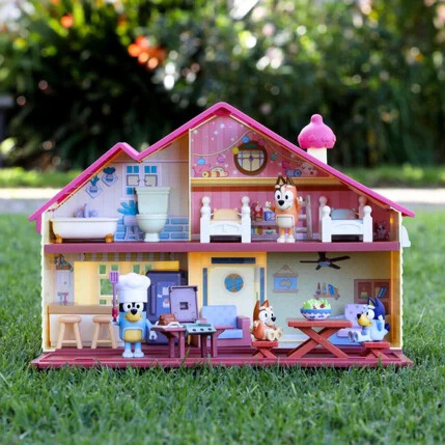Bluey casa giocattolo con famiglia completa e accessori picnic - include 4 personaggi - BLUEY