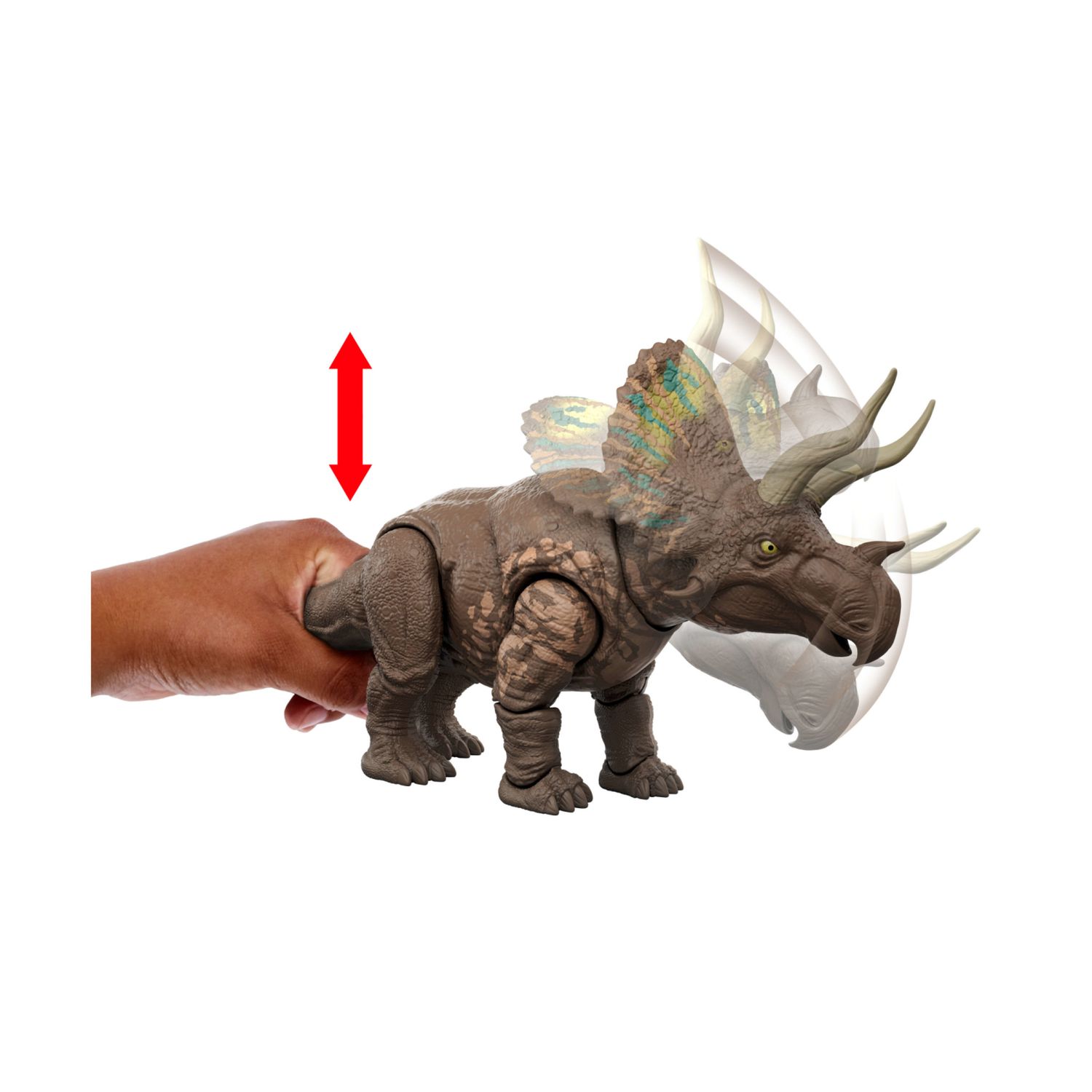 Mattel jurassic world - eotriceratopo gigantic thrashers jw - dinosauro grande con 2 attacchi da coda - Jurassic World