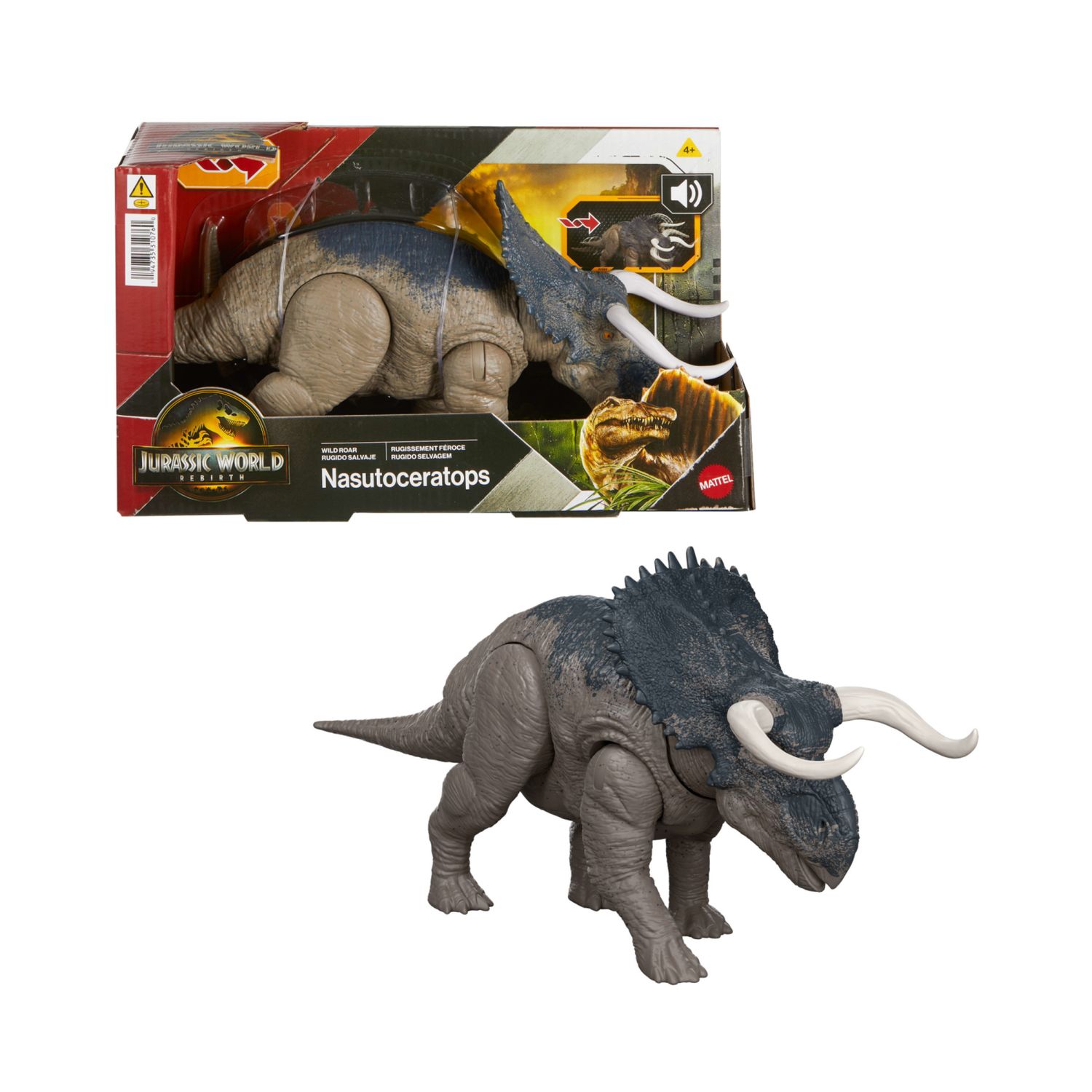 Mattel jurassic world - nasutoceratopo ruggito selvaggio jw - dinosauro snodato con suoni e attacco coda - Jurassic World