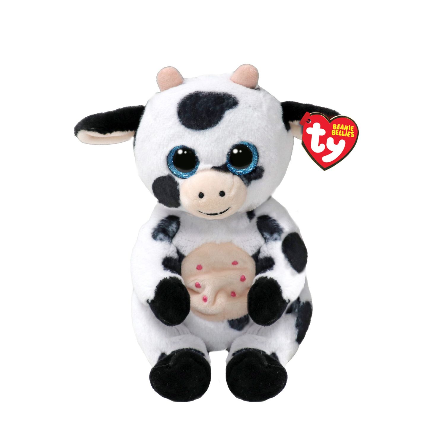 Ty beanie bellies - herdly la mucca con gli occhioni azzurri glitter, gli animaletti di peluche con il pancino morbido originali ty - 20 cm - t41287 - TY