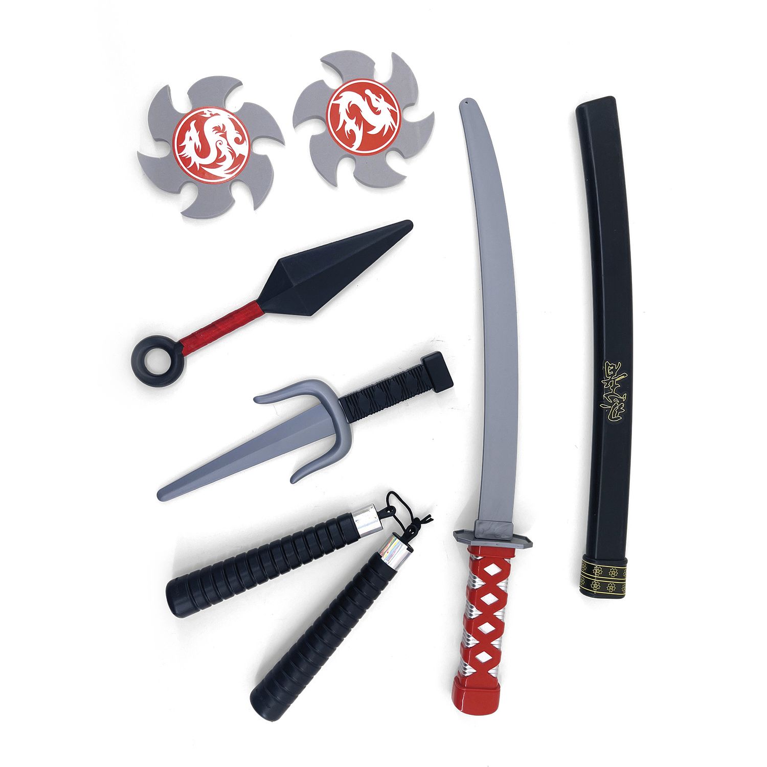 Set armi ninja giocattolo con katana, spada, nunchaku, pugnale e stelle – 6 pezzi - DB LINE