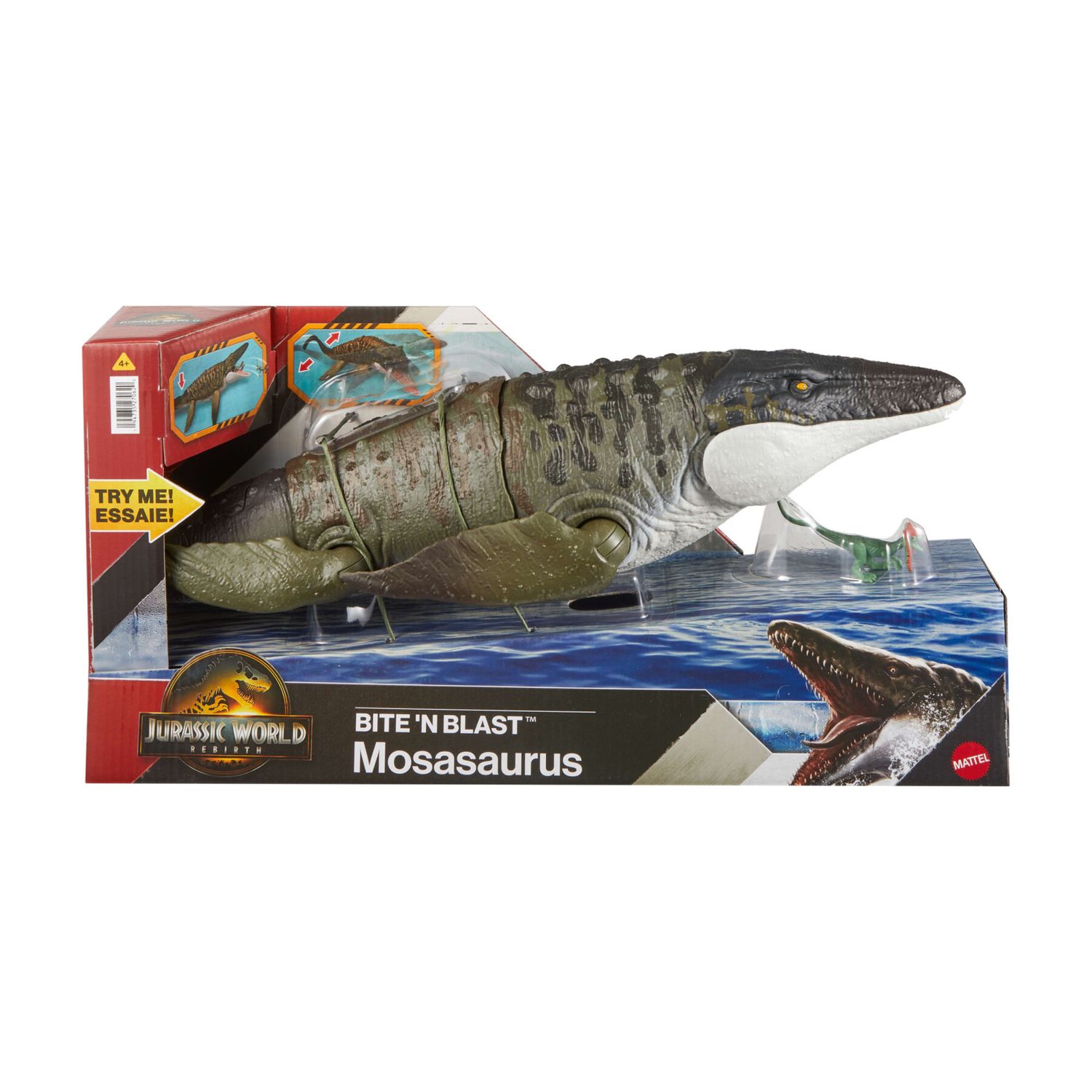 Mattel jurassic world la rinascita - mosasauro morso letale, dinosauro snodato con enormi fauci e mini dilofosauro incluso - Jurassic World