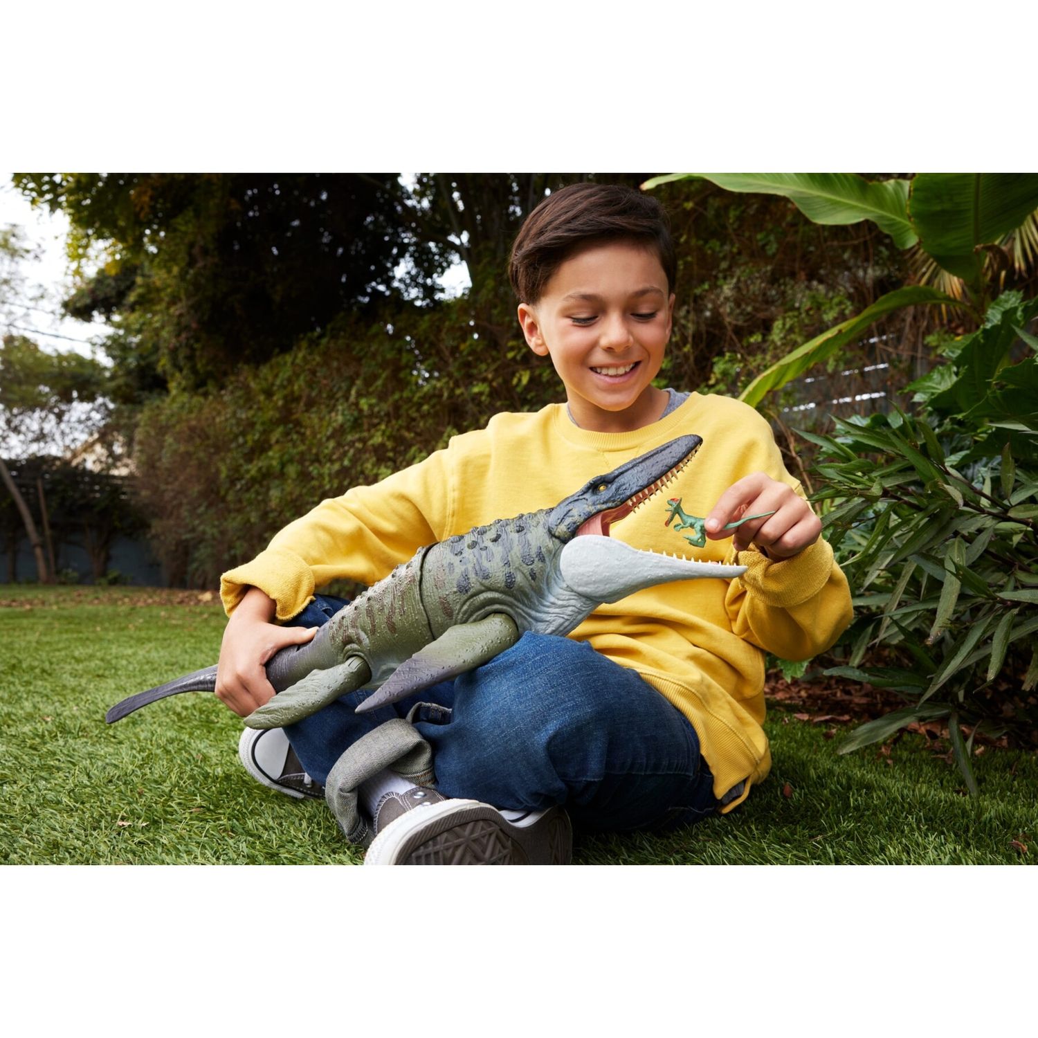 Mattel jurassic world la rinascita - mosasauro morso letale, dinosauro snodato con enormi fauci e mini dilofosauro incluso - Jurassic World