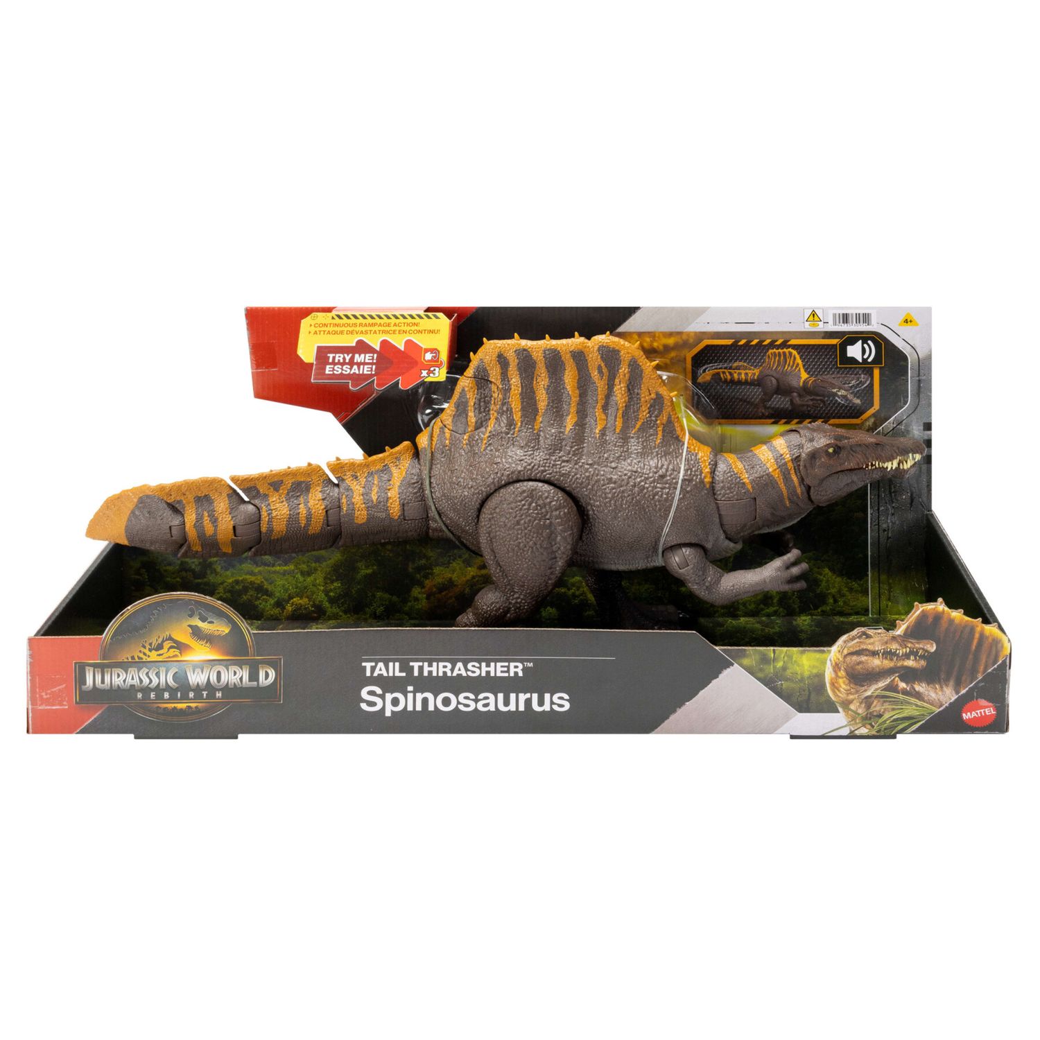 Mattel jurassic world la rinascita - spinosauro coda letale, dinosauro snodato con due mosse d'attacco e ruggito sonoro - Jurassic World