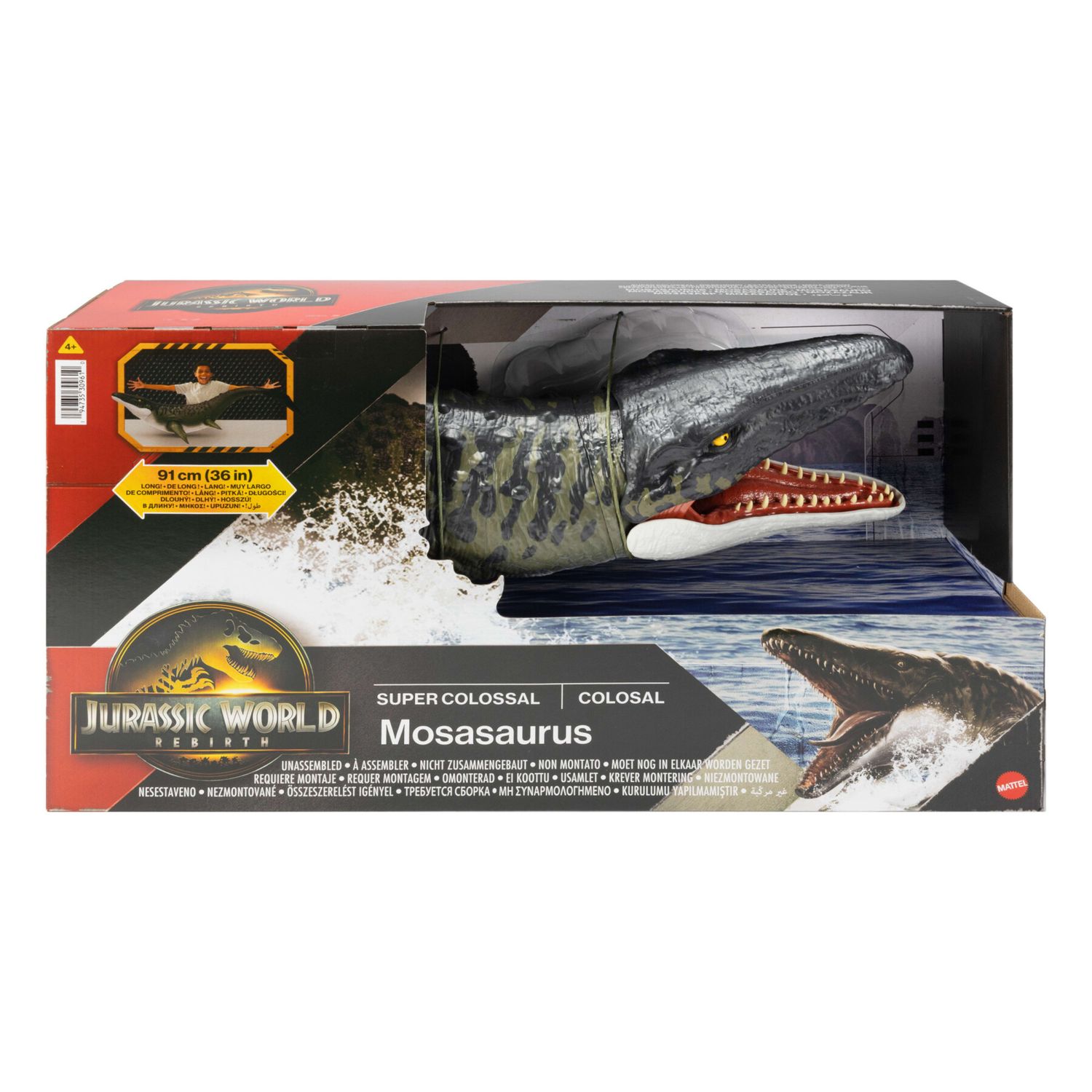 Mattel jurassic world la rinascita - mosasauro super colossale, enorme dinosauro snodato con due mosse d'attacco - Jurassic World