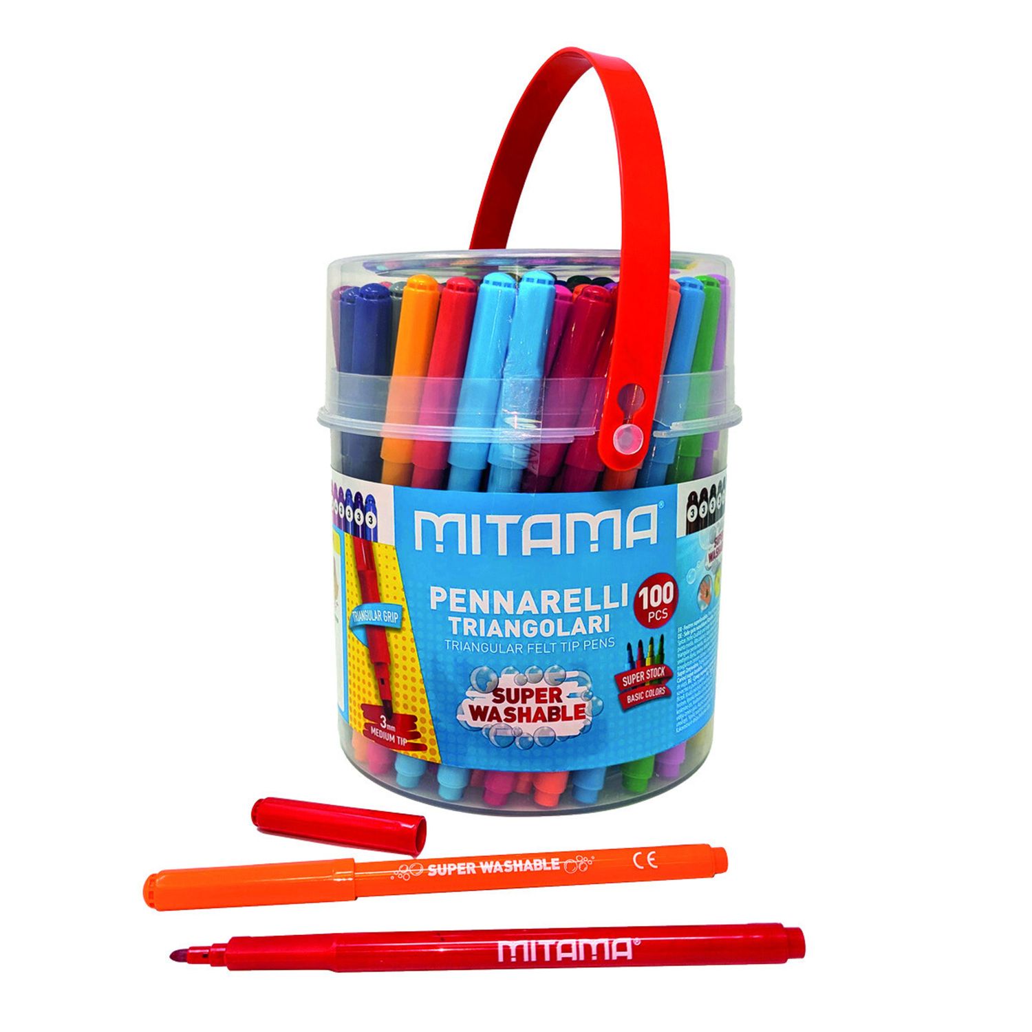 Pennarelli mitama super lavabili, presa triangolare., punta fine, barattolo da100 pezzi - MITAMA