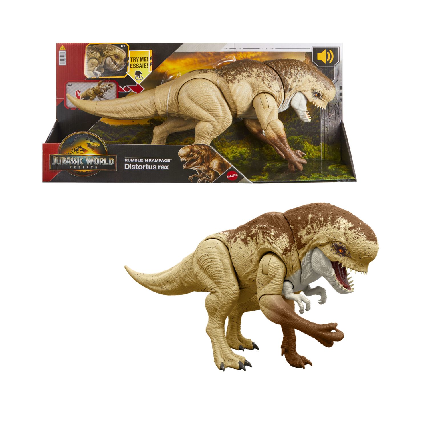 Mattel jurassic world la rinascita - distortus rex ruggito devastante, dinosauro con design fedele al film e 2 mosse d'attacco incluse - Jurassic World