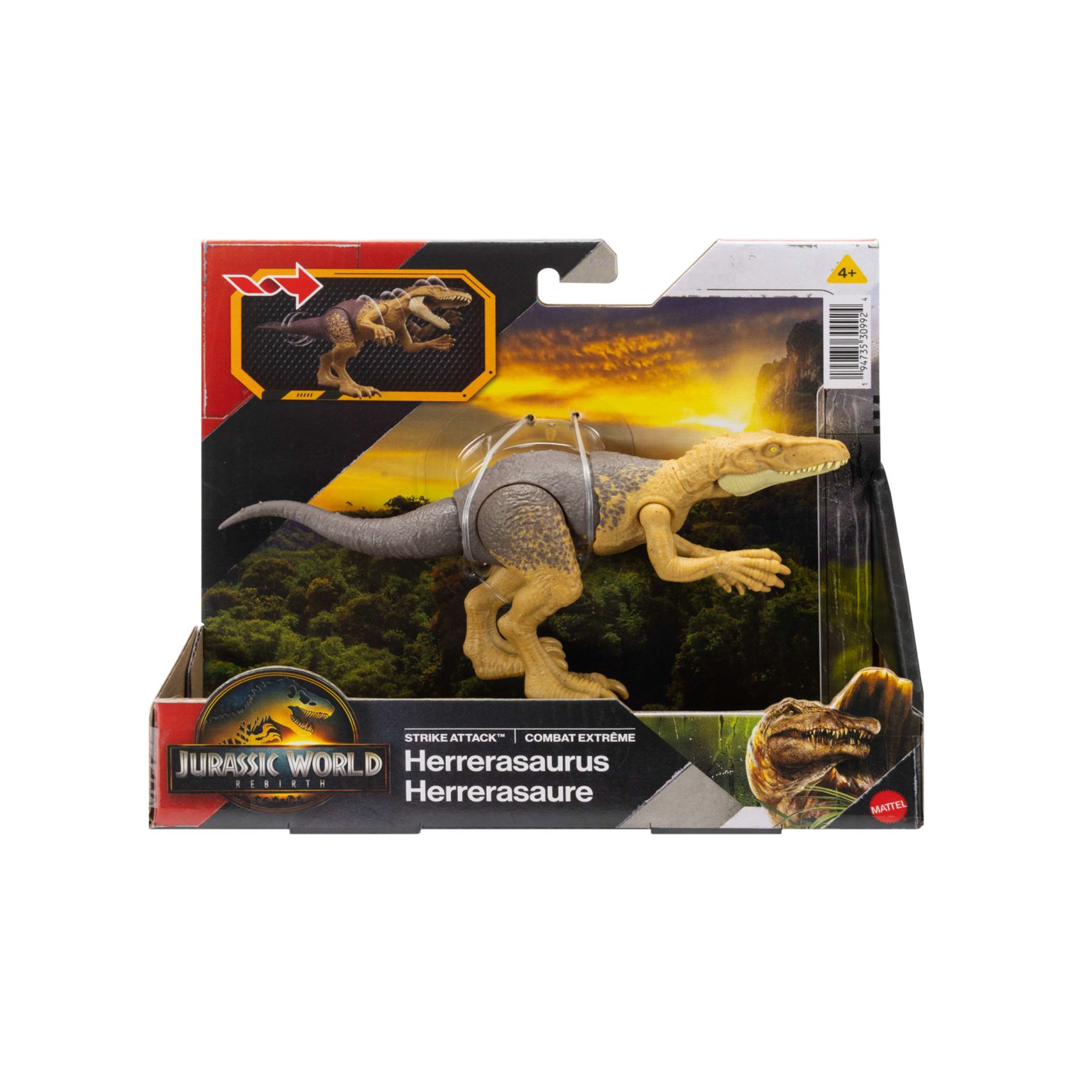 Mattel jurassic world la rinascita - herrerasaurus attacco fatale, dinoasuro snodato con azione a colpo singolo inclusa, design ispirato al film - Jurassic World