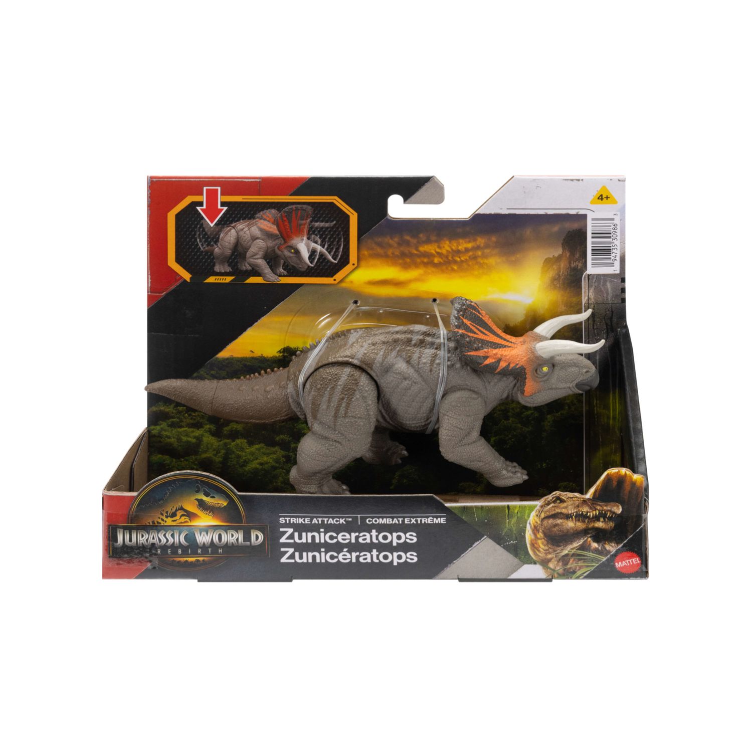 Mattel jurassic world la rinascita - zuniceratopo attacco fatale, dinoasuro snodato con azione a colpo singolo inclusa, design ispirato al film - Jurassic World