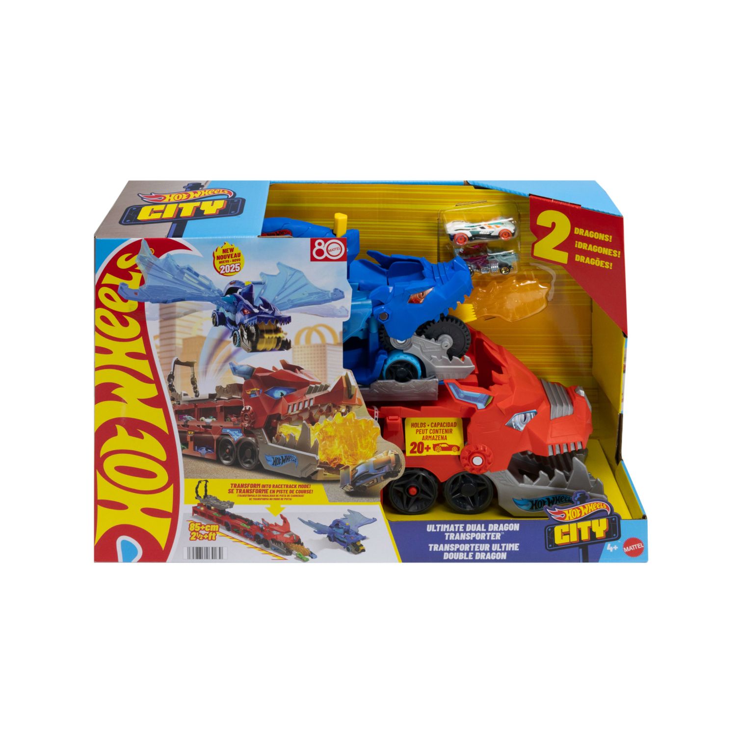 Hot wheels - drago trasportatore, veicolo trasformabile di grandi dimensioni con drago rimovibile e 2 macchinine incluse - Hot Wheels