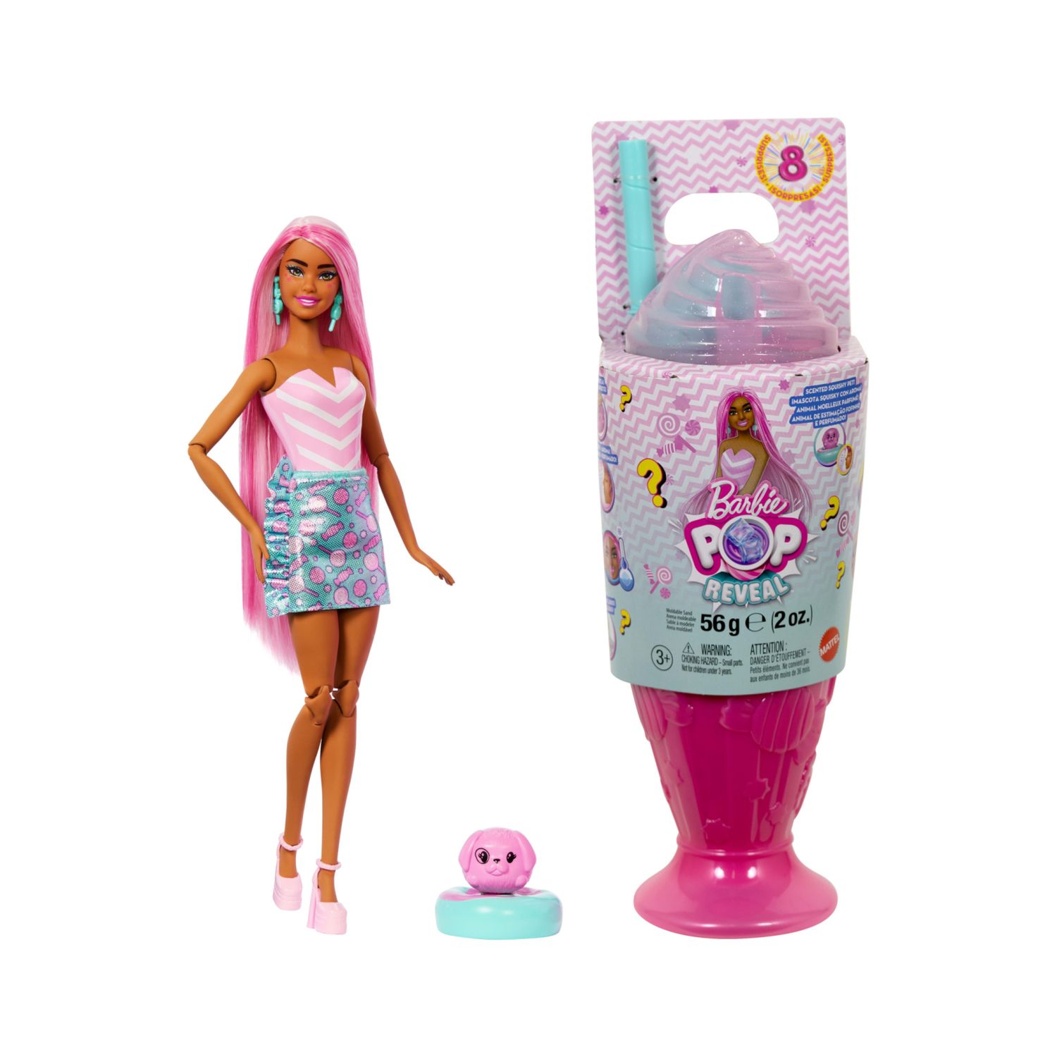 Barbie - pop reveal serie dolci sorprese assortito, bambola barbie profumata con cucciolo e 8 sorprese con effetto cambia colore - Barbie