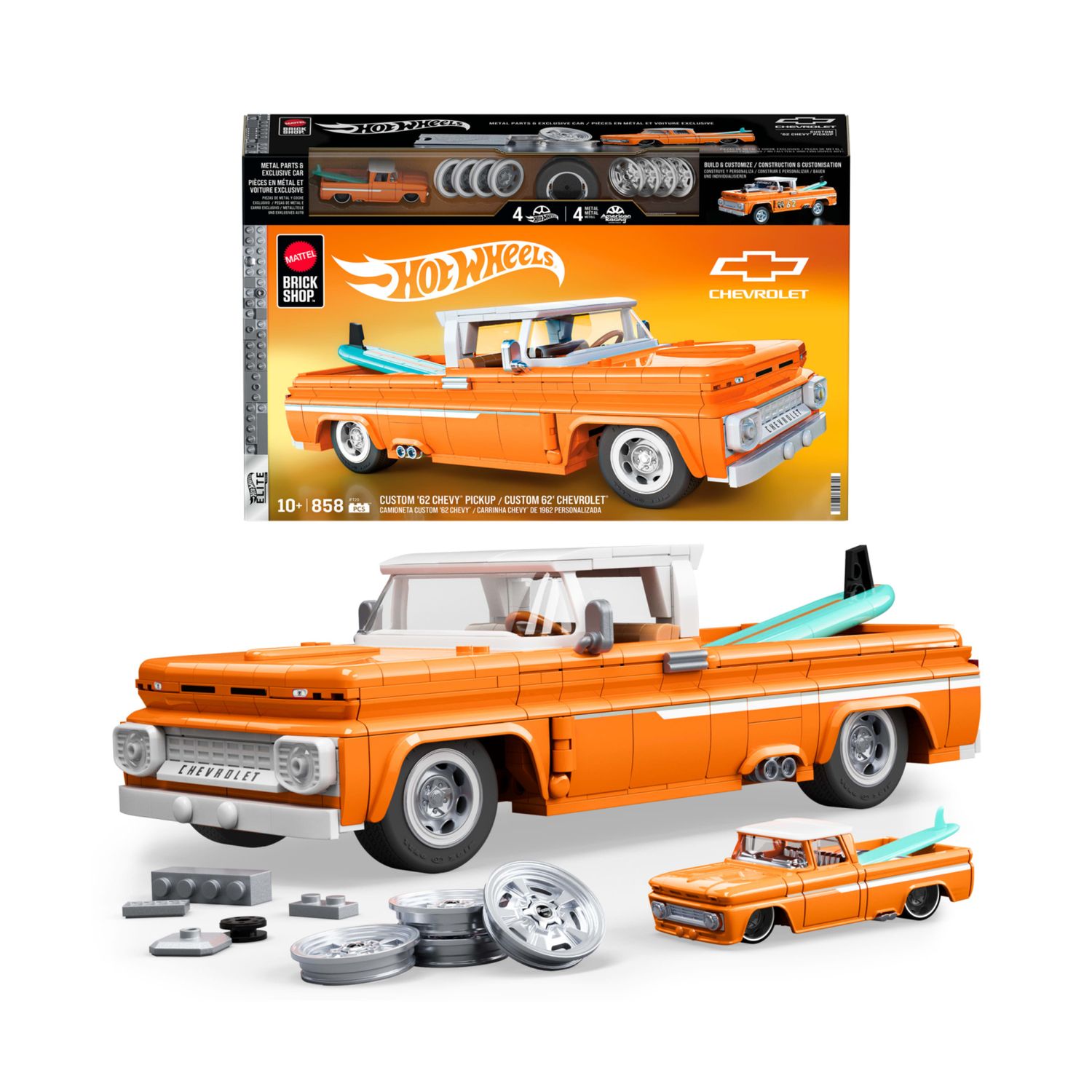​​mattel brick shop hot wheels - custom ’62 chevy pickup serie elite, set da costruire con 858 pezzi, dettagli realistici e adesivi - BRICK SHOP, Hot Wheels