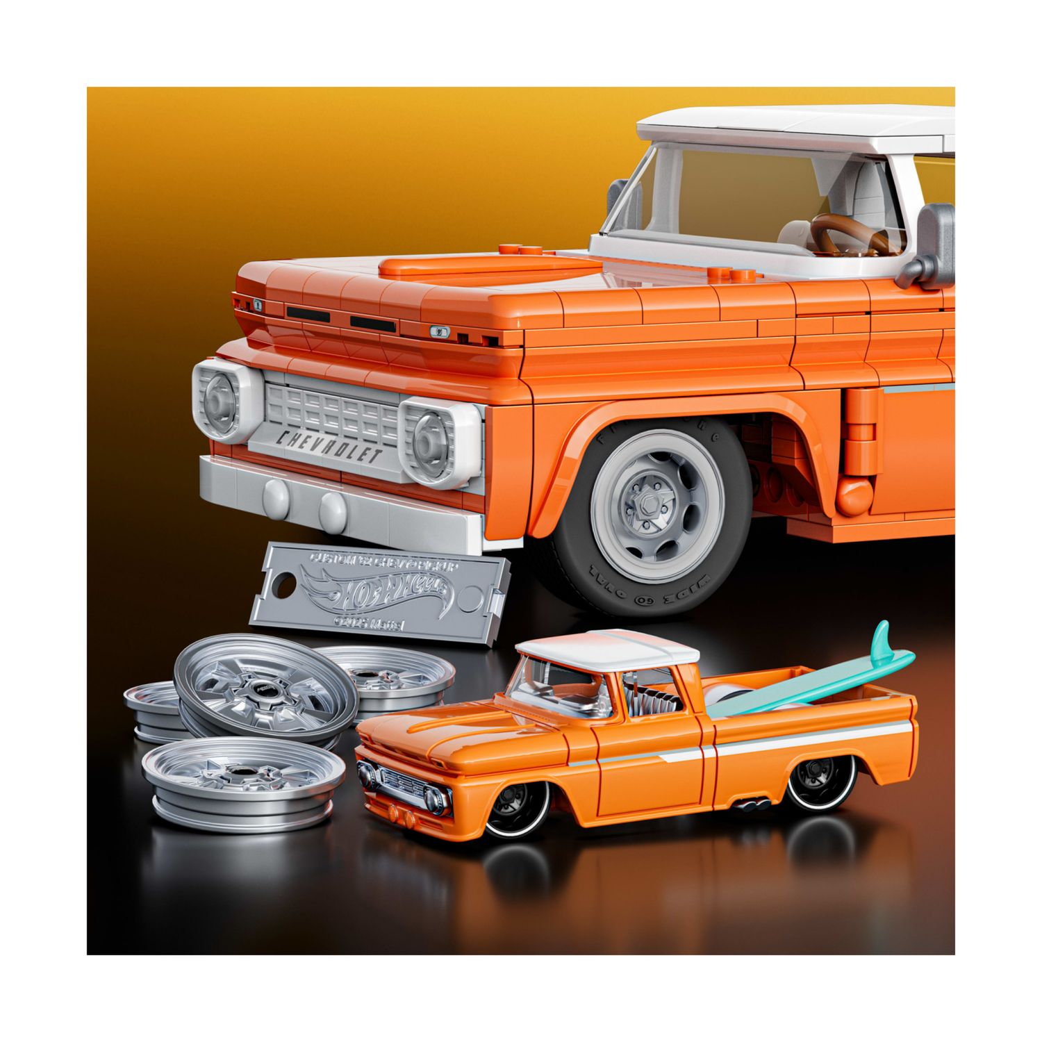 ​​mattel brick shop hot wheels - custom ’62 chevy pickup serie elite, set da costruire con 858 pezzi, dettagli realistici e adesivi - BRICK SHOP, Hot Wheels