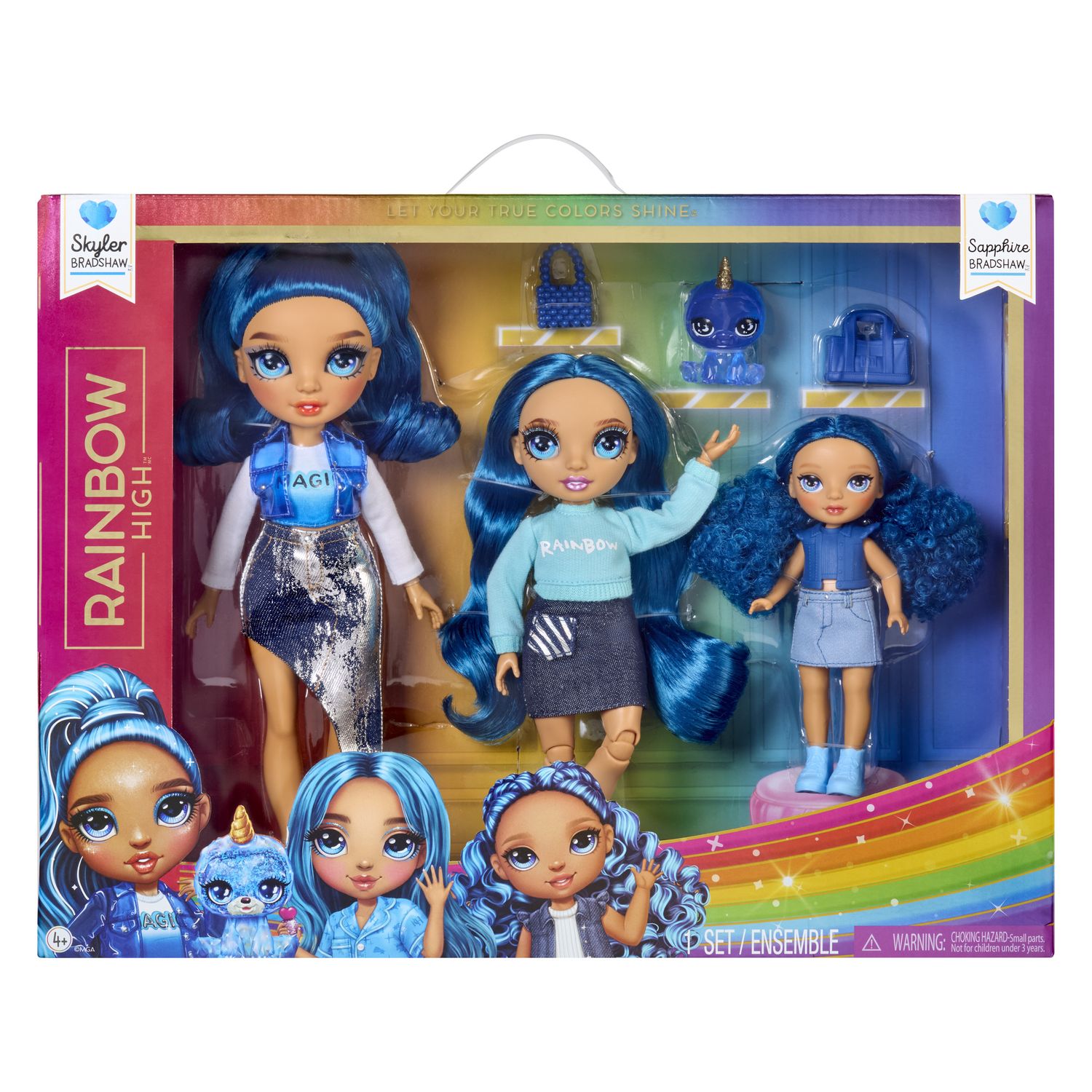 Rainbow high family skyler, confezione con 3 bambole snodabili in signature blue 28, 22 e 14 cm, borse bonus e animaletto magico - Rainbow High