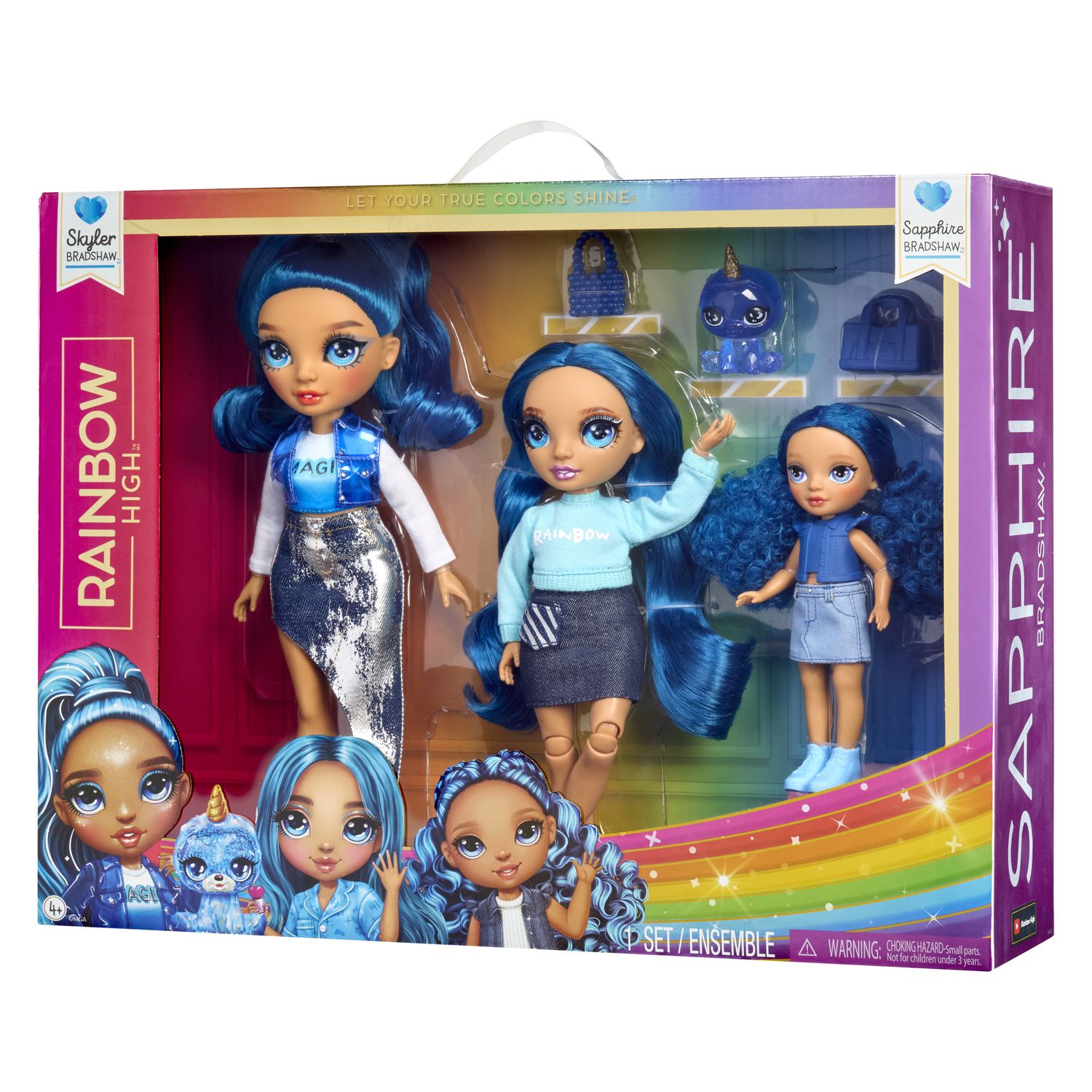 Rainbow high family skyler, confezione con 3 bambole snodabili in signature blue 28, 22 e 14 cm, borse bonus e animaletto magico - Rainbow High