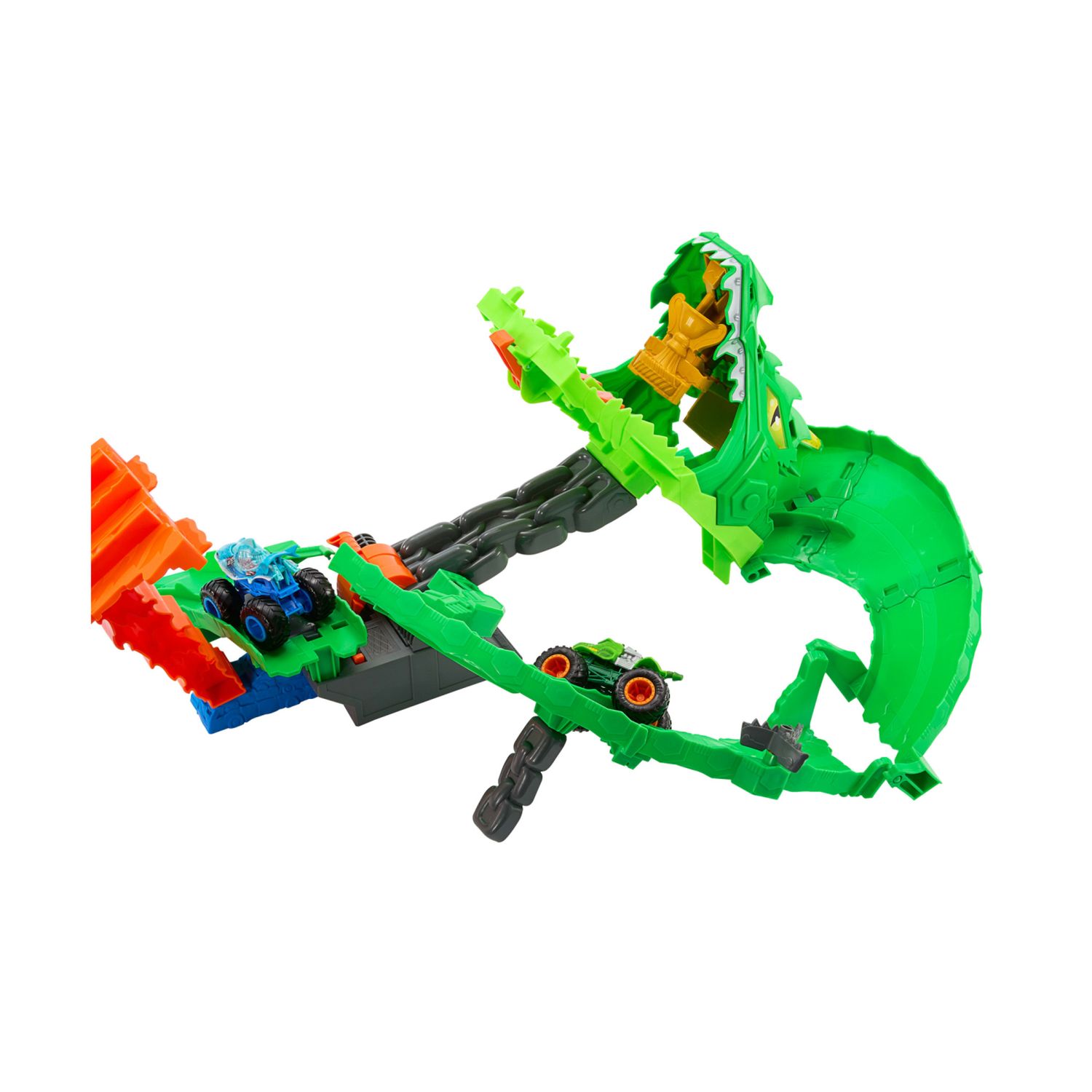 Hot wheels monster trucks - demolizione del drago, pista con deviatore e drago cyborg da sconfiggere, due veicoli inclusi - Hot Wheels