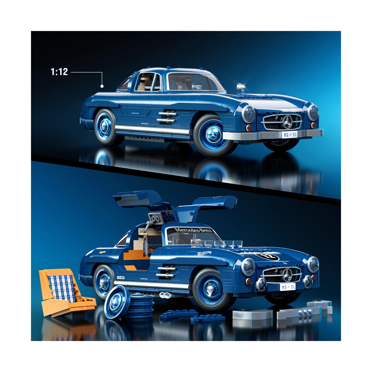 Mattel brick shop hot wheels - mercedes-benz 300 sl serie premium, set da costruire con 1600 pezzi, parti in metallo, modellino e adesivi inclusi - BRICK SHOP, Hot Wheels