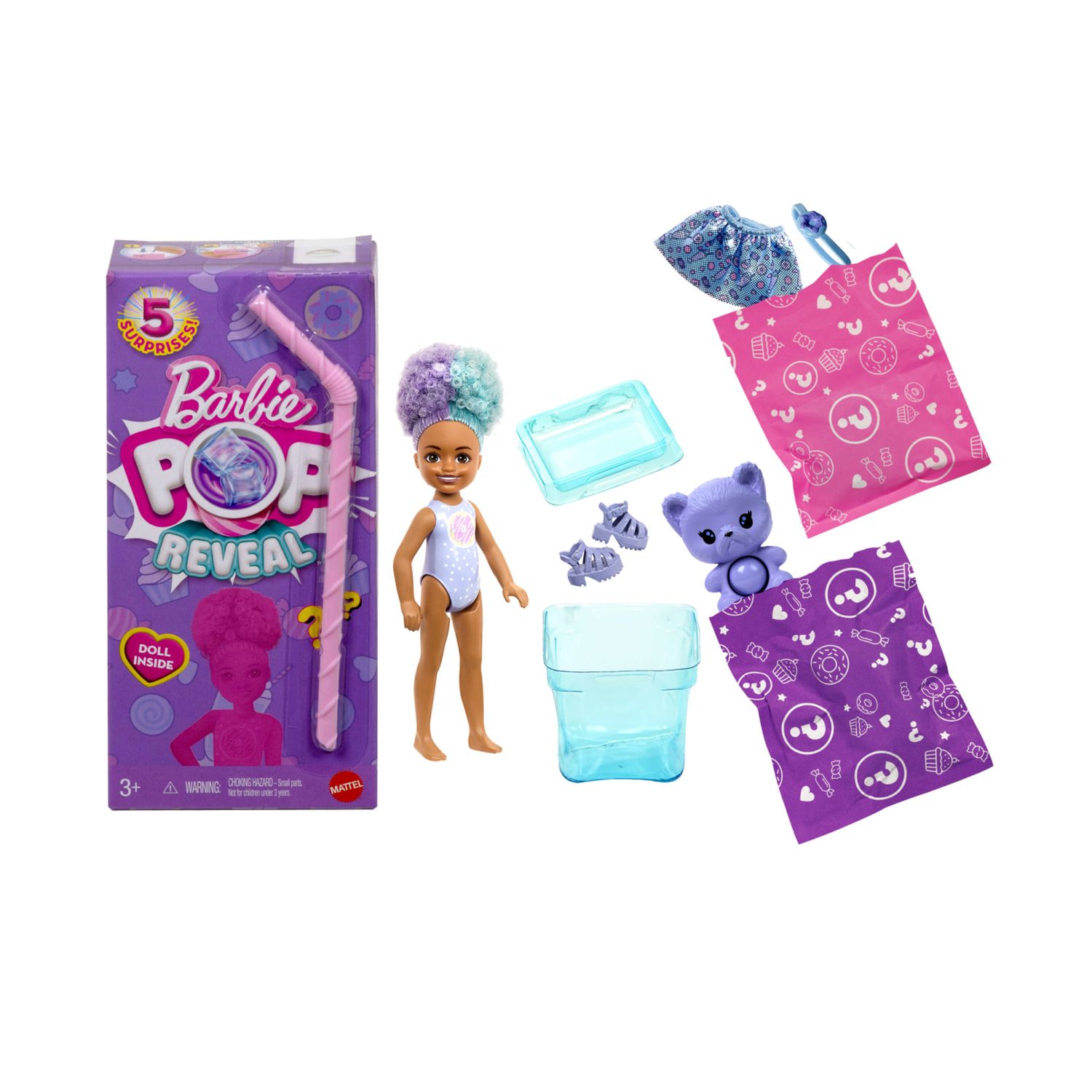 Barbie - chelsea pop reveal assortita serie dolci sorprese, mini bambola profumata con 5 sorprese, cucciolo interattivo ed effetto cambia colore - Barbie