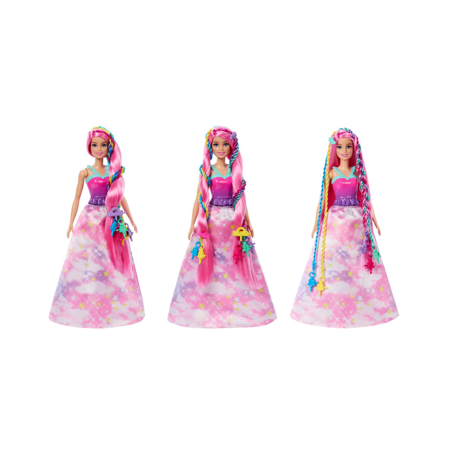 Barbie dreamtopia - chioma da favola, bambola capelli fantasia con treccia e piega, extension arcobaleno e accessori per lo styling - Barbie