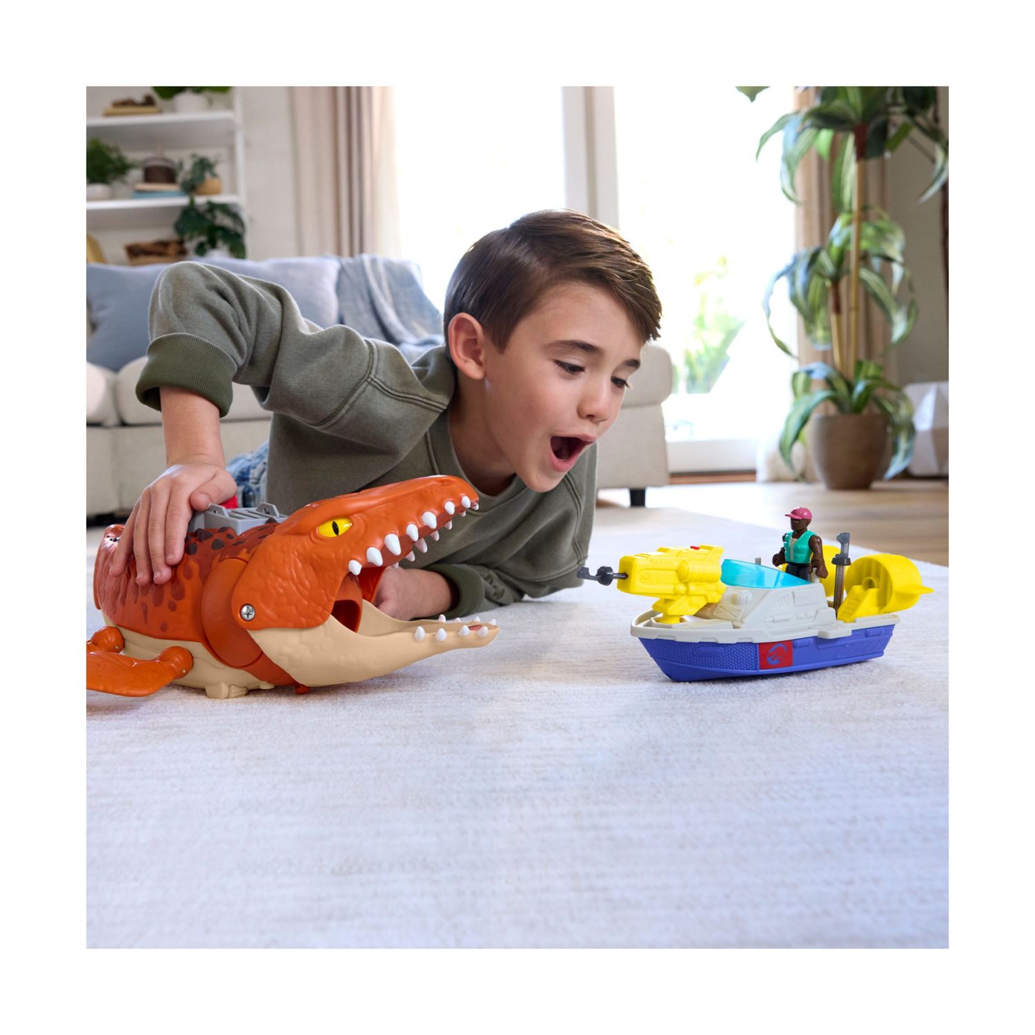 Imaginext jurassic world la rinascita - mosasauro acquatico, dinosauro e personaggio dal film, barca con lanciatore e proiettili - IMAGINEXT
