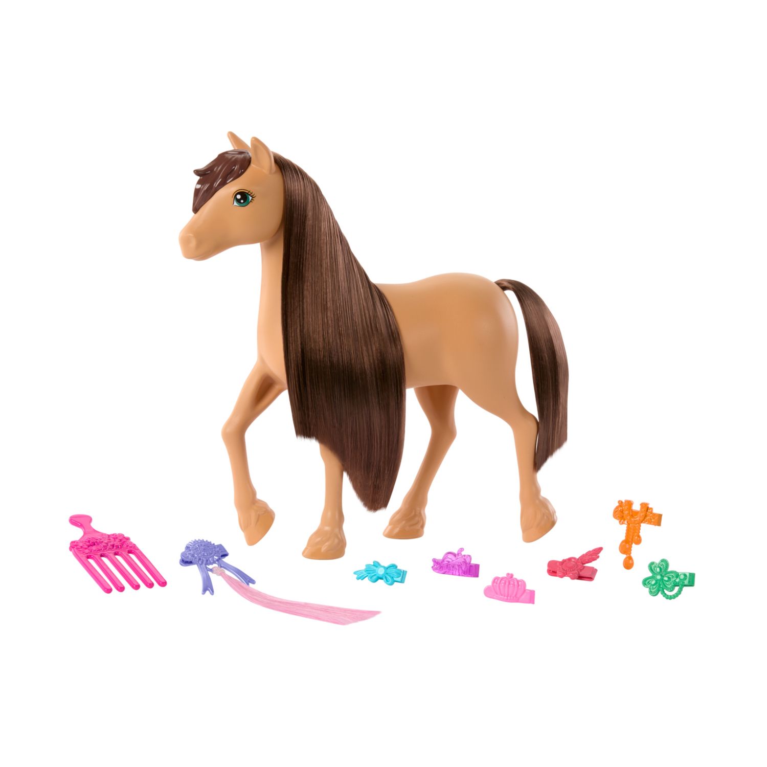 Barbie - pony, cavallo con lunga criniera da acconciare, pettine, extension e accessori per lo styling inclusi - Barbie