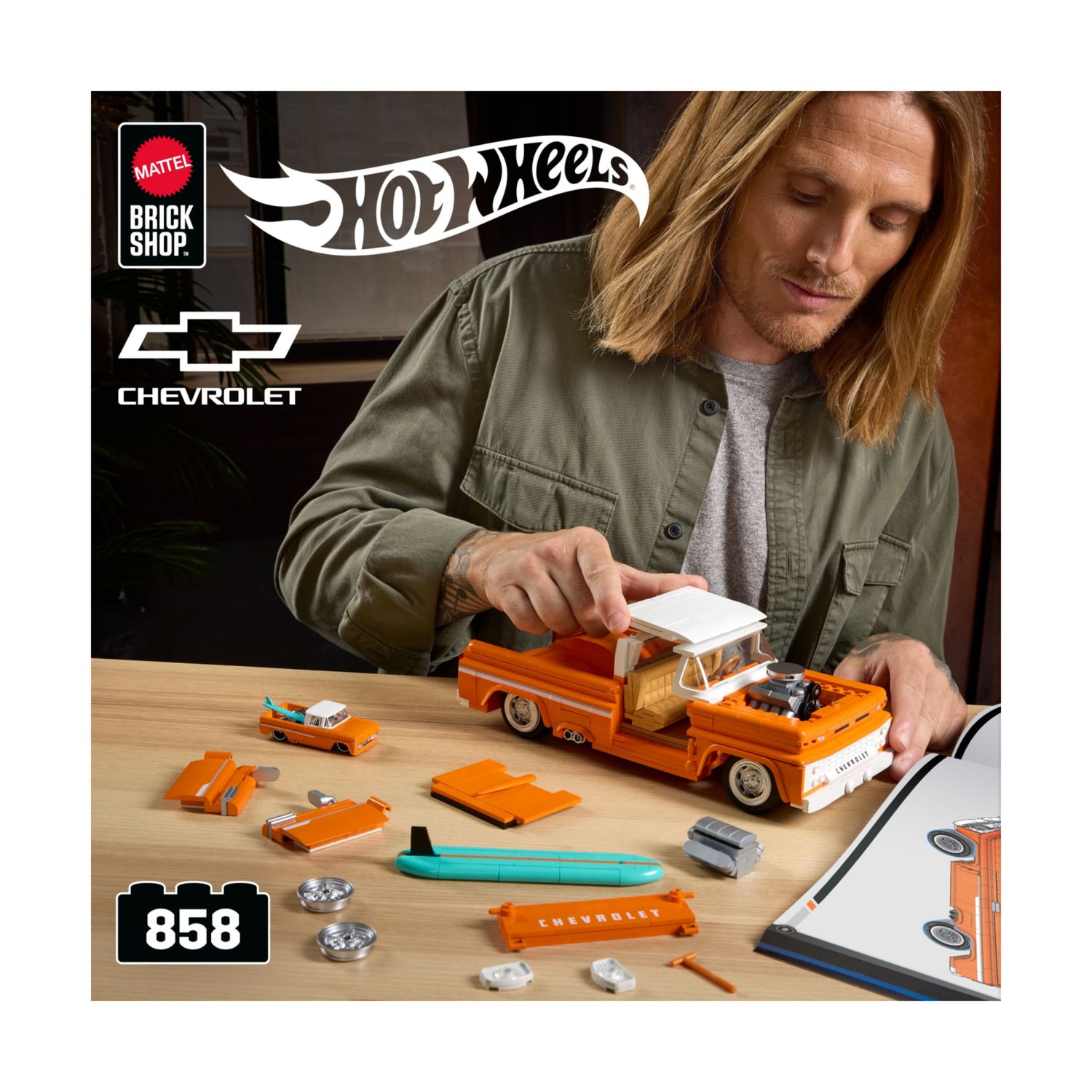 ​​mattel brick shop hot wheels - custom ’62 chevy pickup serie elite, set da costruire con 858 pezzi, dettagli realistici e adesivi - BRICK SHOP, Hot Wheels