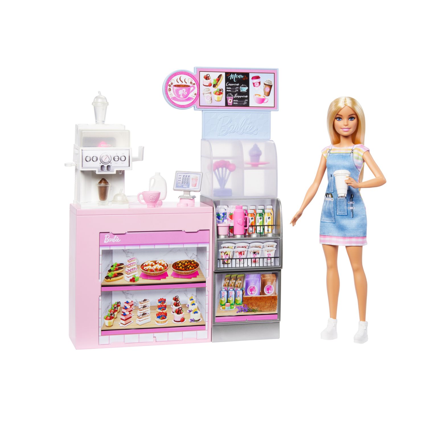 Barbie - caffetteria, playset con bambola barista bionda e 12+ accessori a tema inclusi, tra cui macchina per caffè e frullati - Barbie