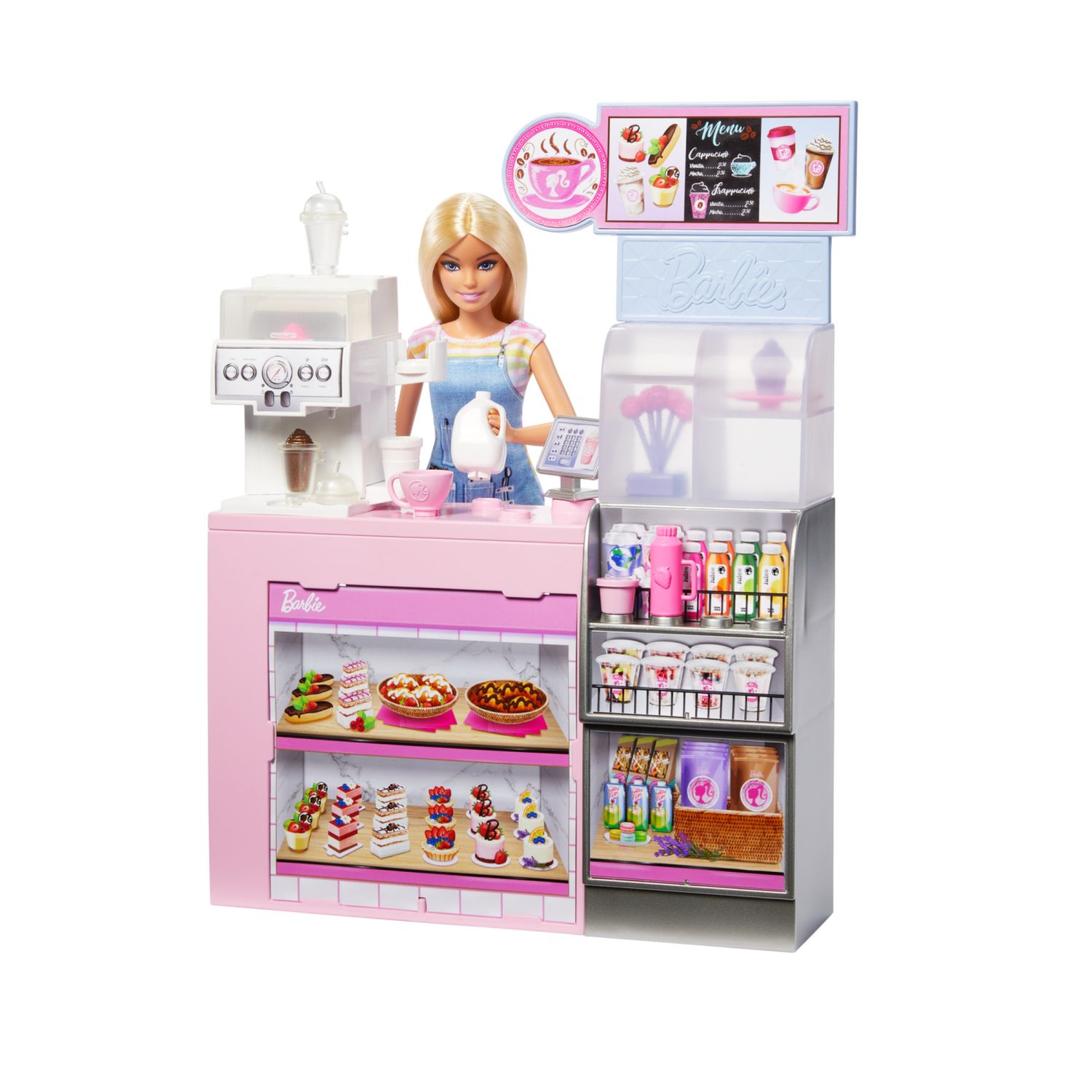 Barbie - caffetteria, playset con bambola barista bionda e 12+ accessori a tema inclusi, tra cui macchina per caffè e frullati - Barbie