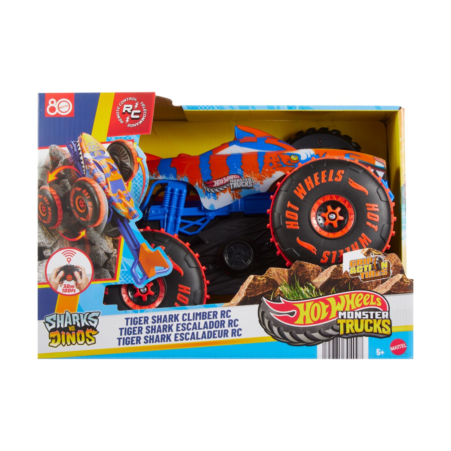 Hot wheels monster trucks - tiger shark super scalatore rc, veicolo radiocomandato con 3 modalità per gareggiare, scalare e fare acrobazie - Hot Wheels