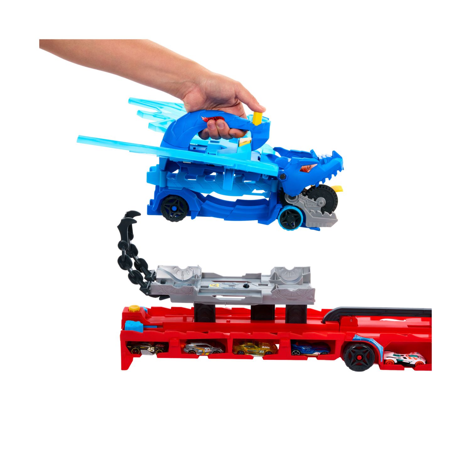 Hot wheels - drago trasportatore, veicolo trasformabile di grandi dimensioni con drago rimovibile e 2 macchinine incluse - Hot Wheels