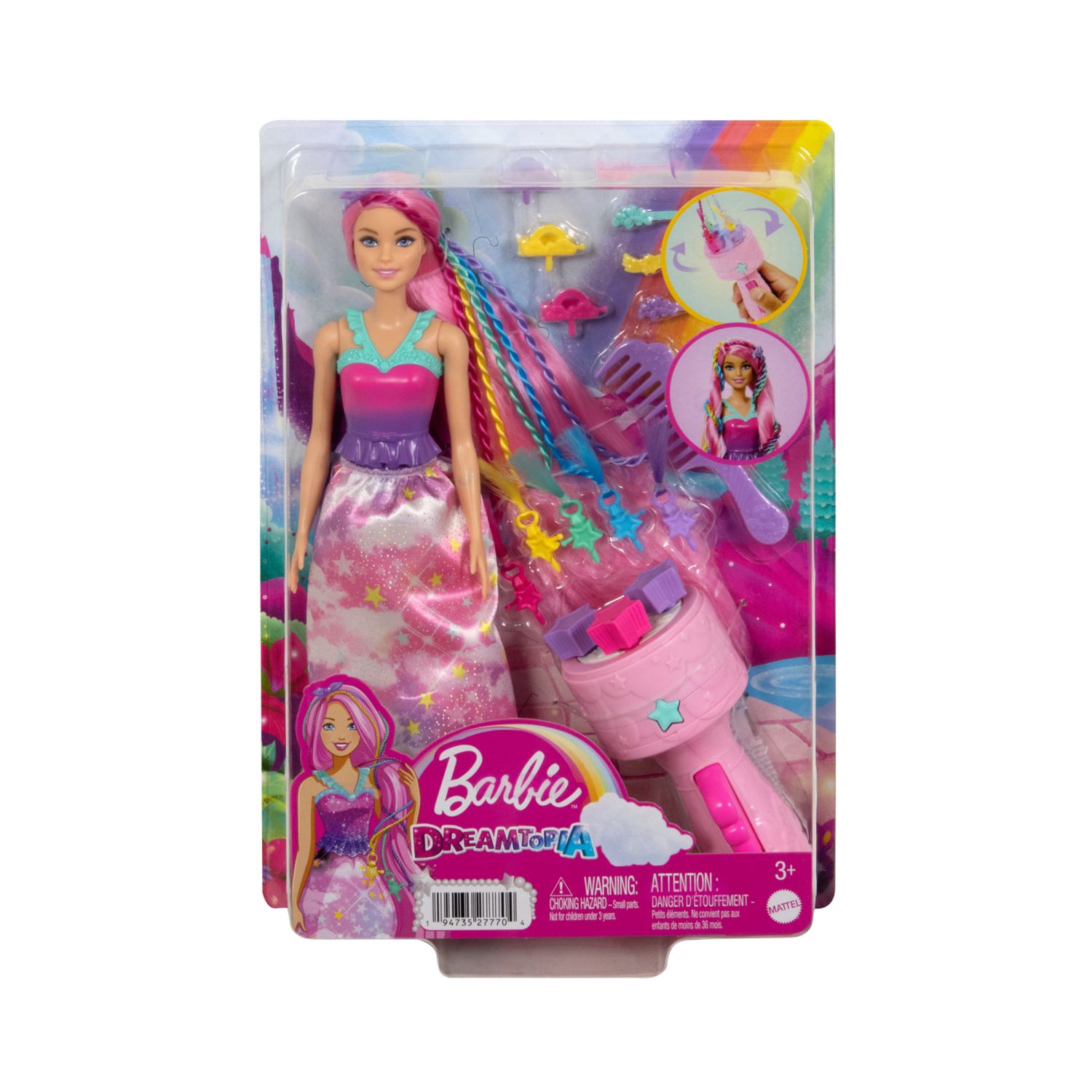Barbie dreamtopia - chioma da favola, bambola capelli fantasia con treccia e piega, extension arcobaleno e accessori per lo styling - Barbie