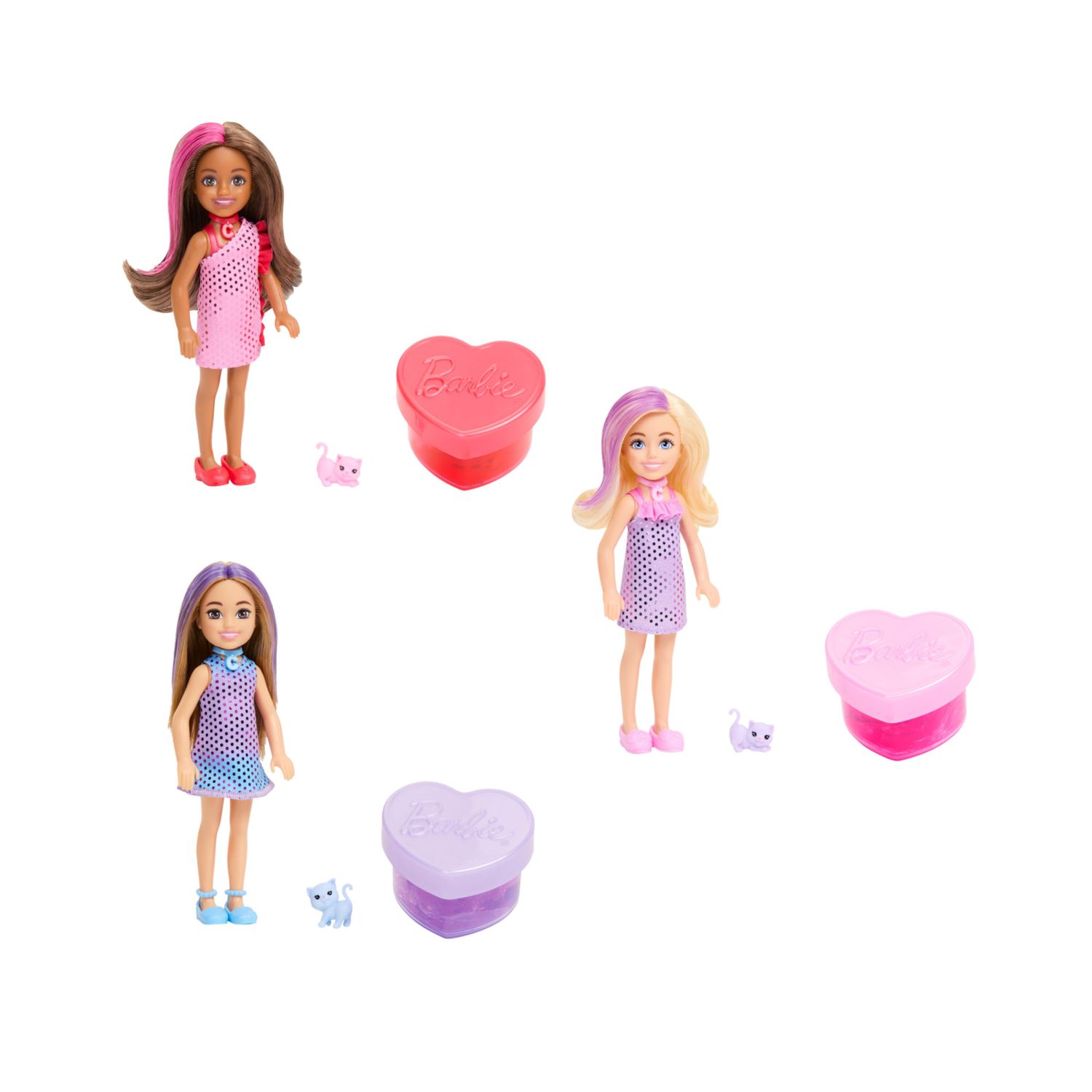 Barbie - chelsea party surprise assortita make-up party, set con bambola e un cucciolo, 6 sorpese con effetto cambia colore - Barbie