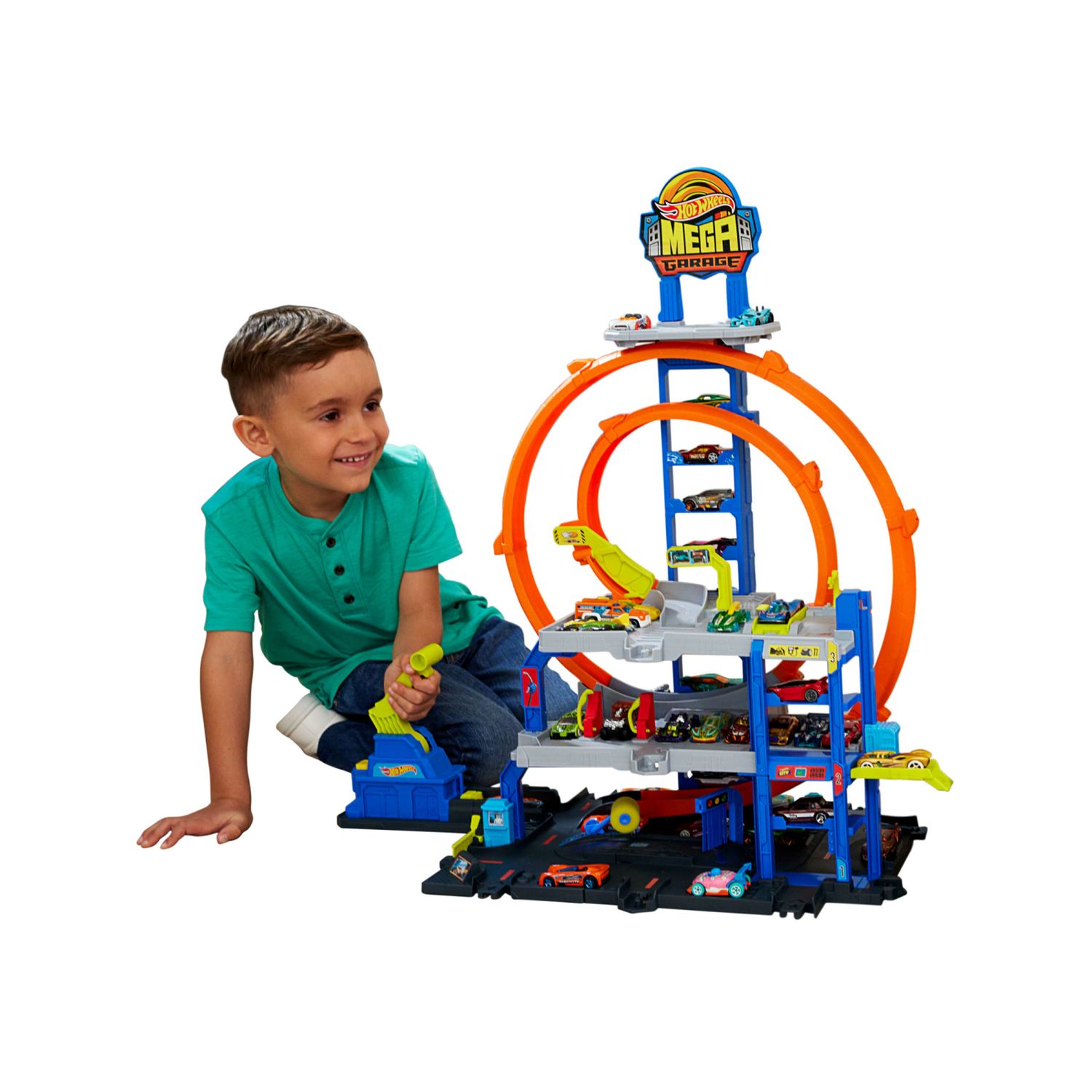 Hot wheels - mega garage, set pista con 3 livelli di gioco e 2 loop, macchinina, elicottero ed adattatori speed snap - Hot Wheels