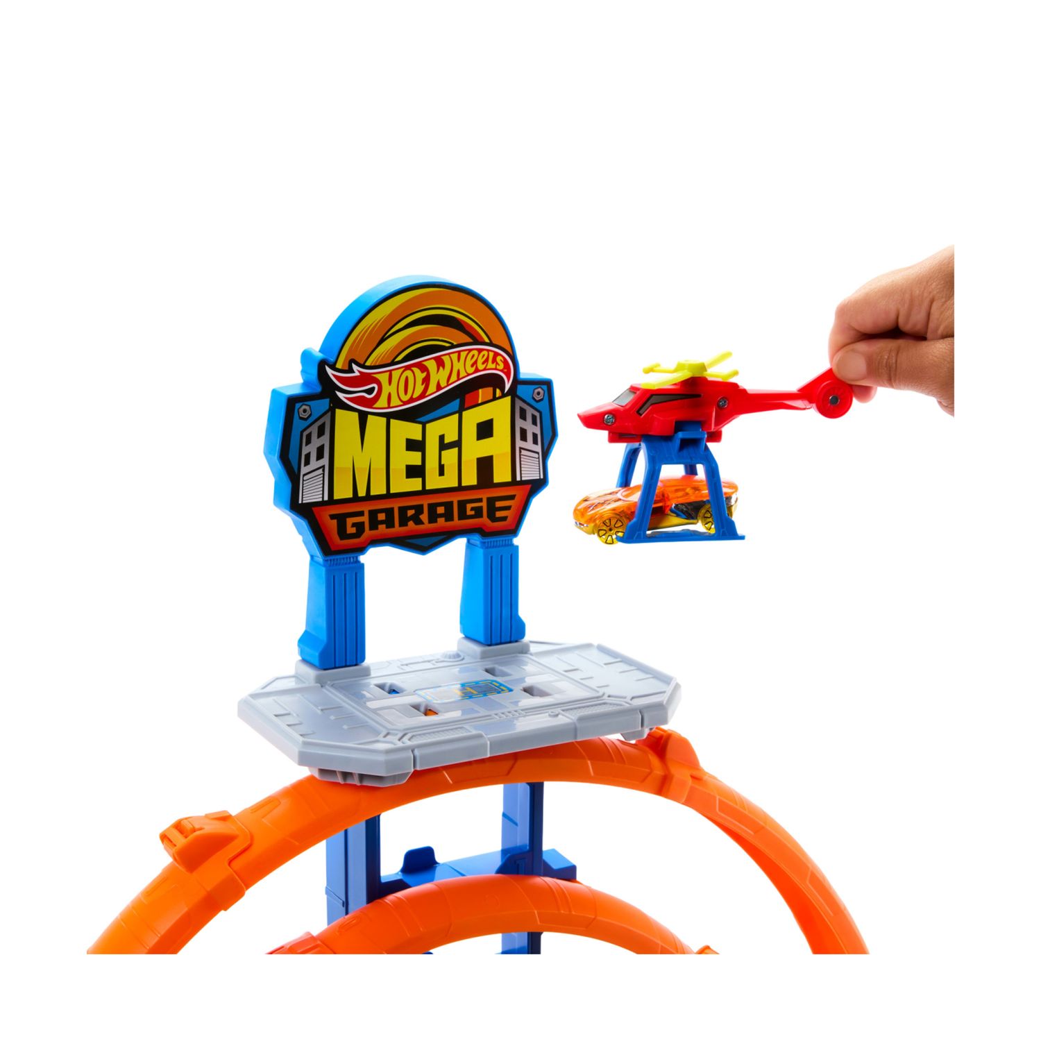 Hot wheels - mega garage, set pista con 3 livelli di gioco e 2 loop, macchinina, elicottero ed adattatori speed snap - Hot Wheels
