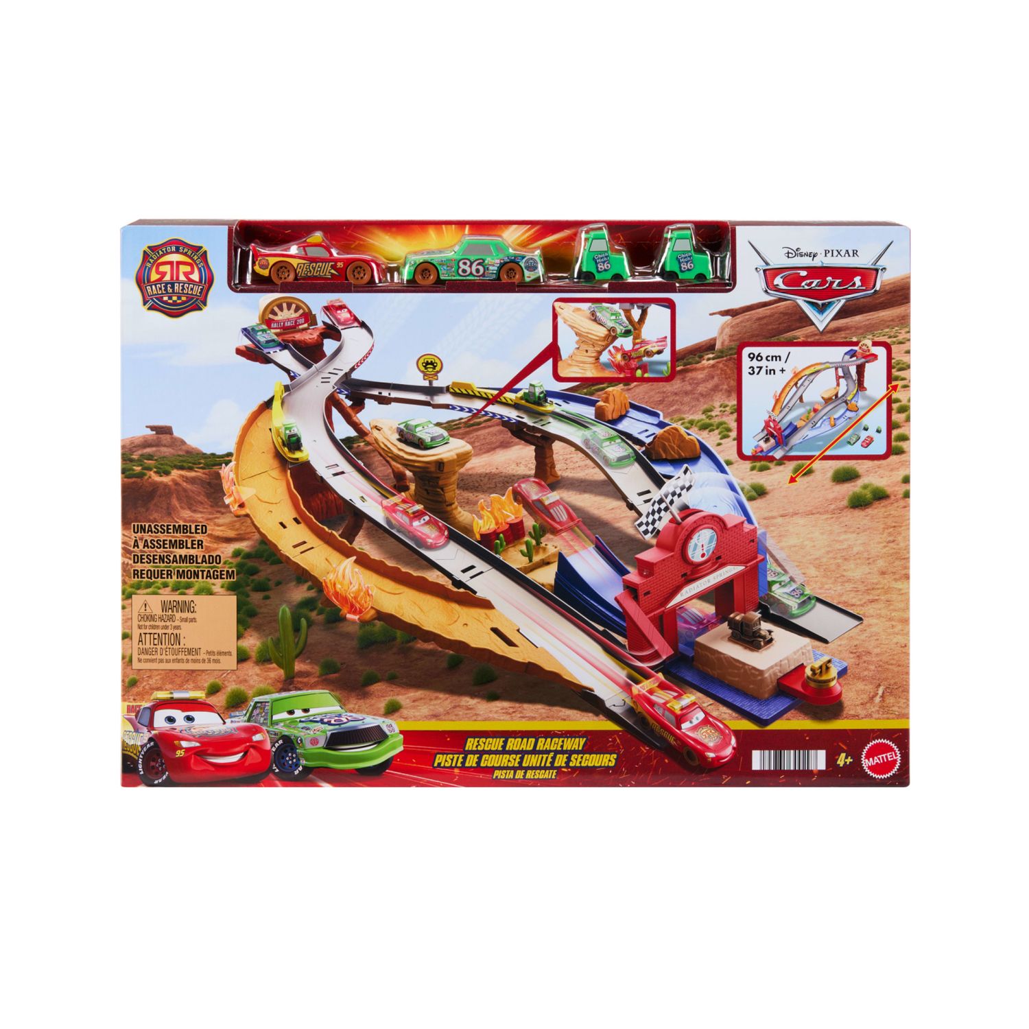 Mattel cars - sfreccia e soccorri circuito per soccorso stradale, set con 2 tipi di gara, saetta mcqueen, chicks hicks e 2 veicoli inclusi - Cars