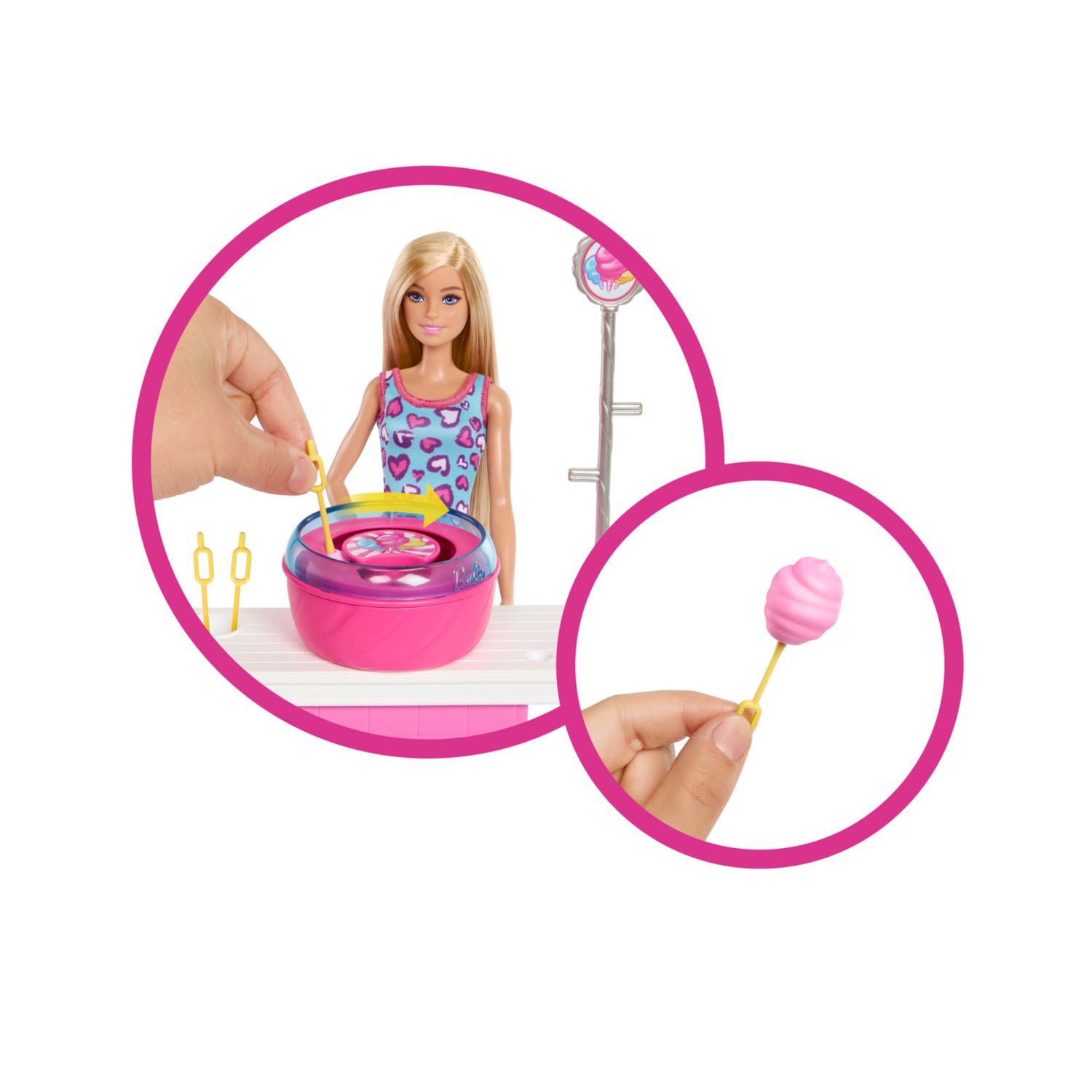 Barbie - chiosco dello zucchero filato, set con bambola e 20 accessori inclusi, ispirato alla serie barbie mysteries: beach detectives - Barbie